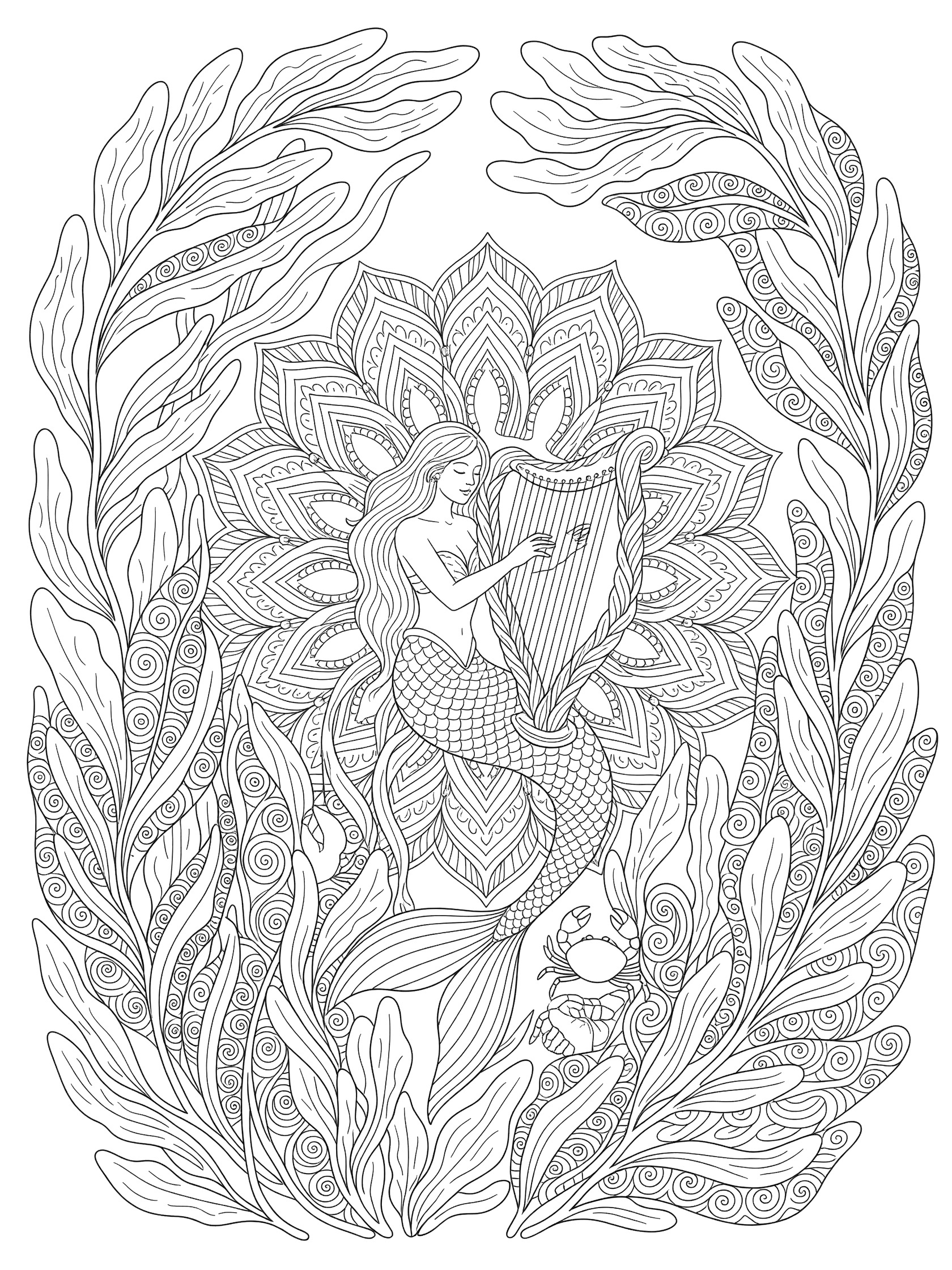 Black and white line art coloring page showing a mermaid with long hair playing a detailed harp, framed by swirling kelp leaves and small crabs. Mermaid Harp themed black and white printable line art