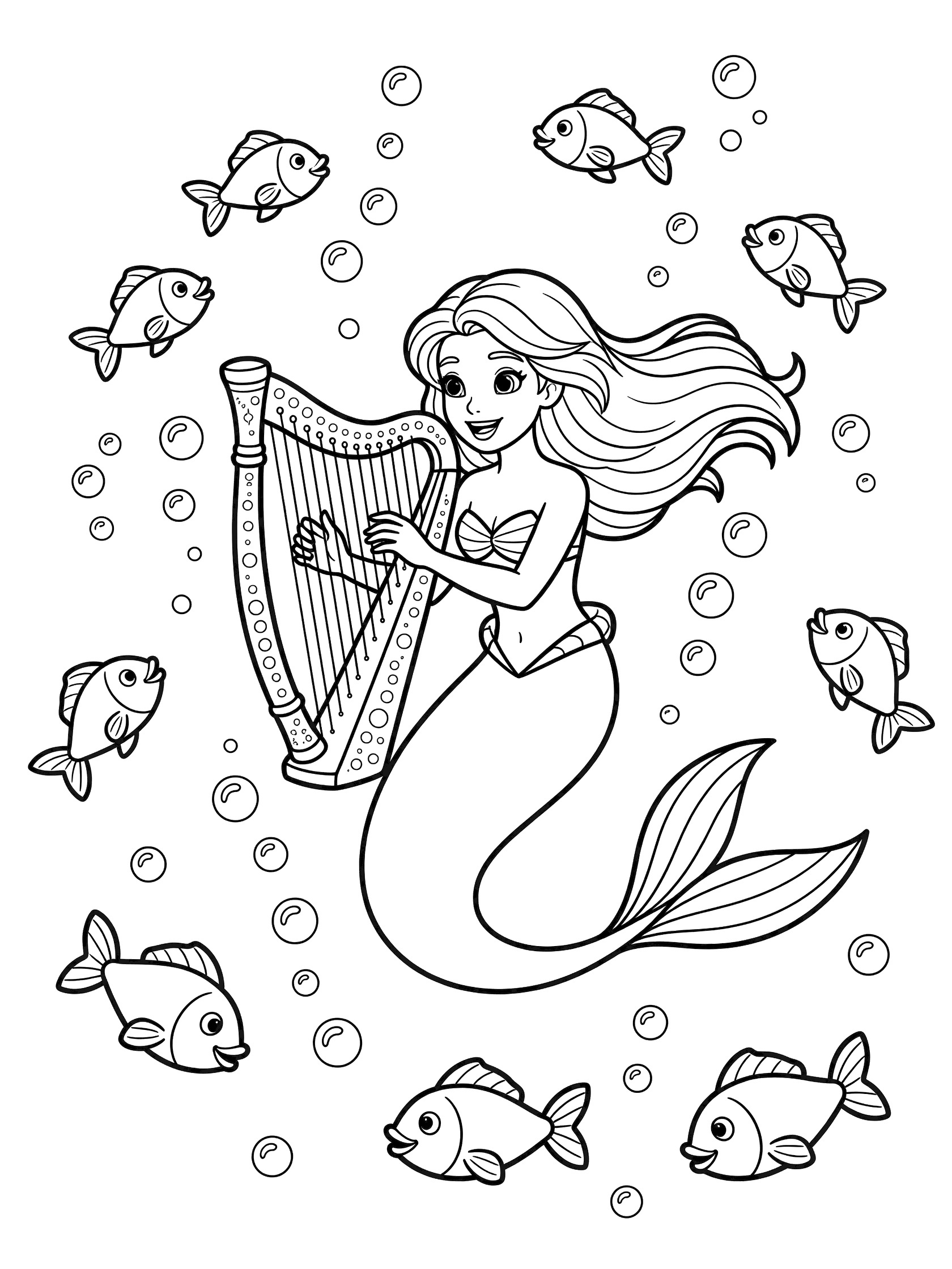 Printable coloring page showing a smiling mermaid strumming a harp, surrounded by circling fish and bubbles in clean line art style.