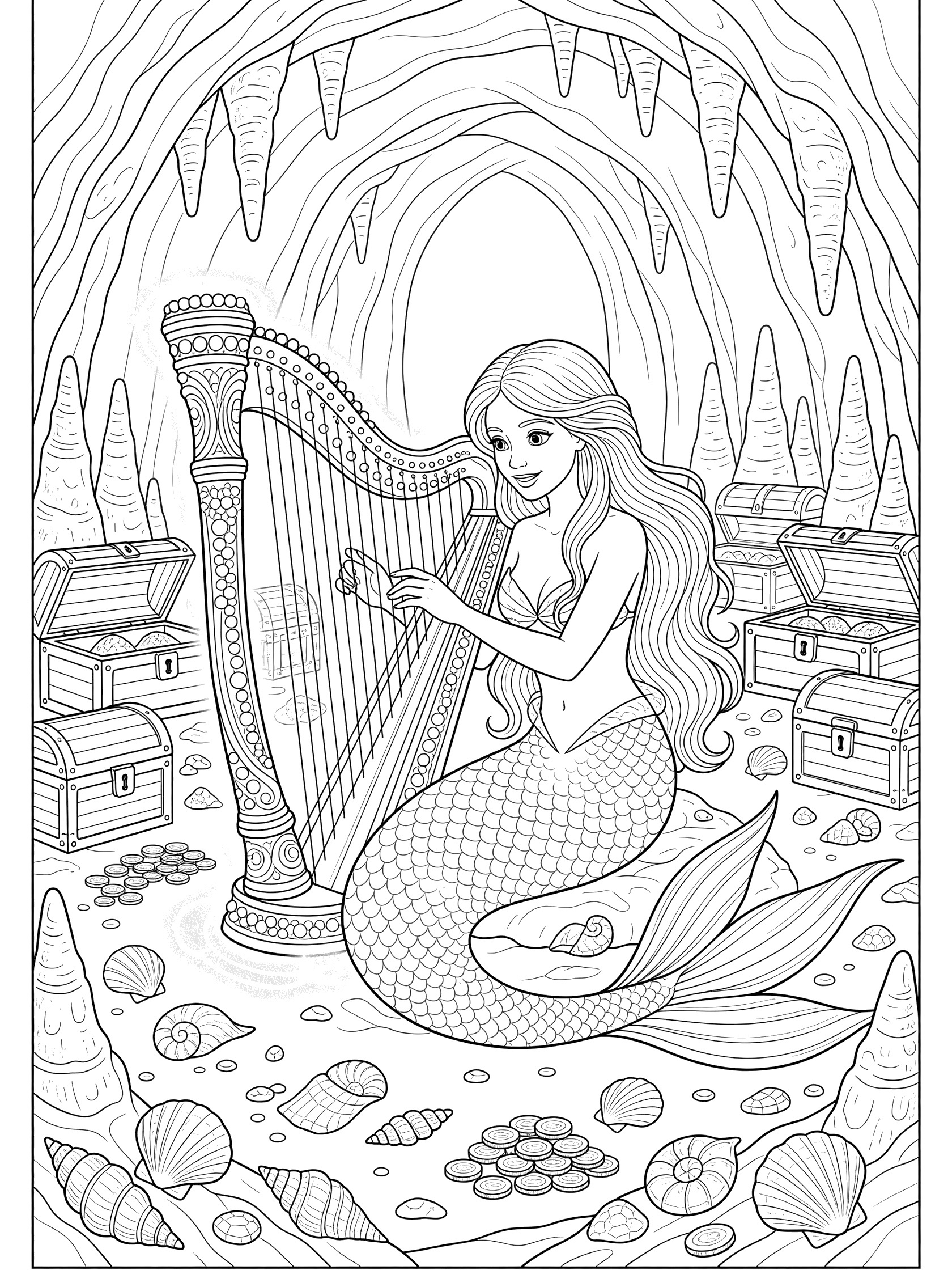 Black and white coloring page of a mermaid with long hair playing a large harp in a cave full of treasure chests, gold coins, and seashells.