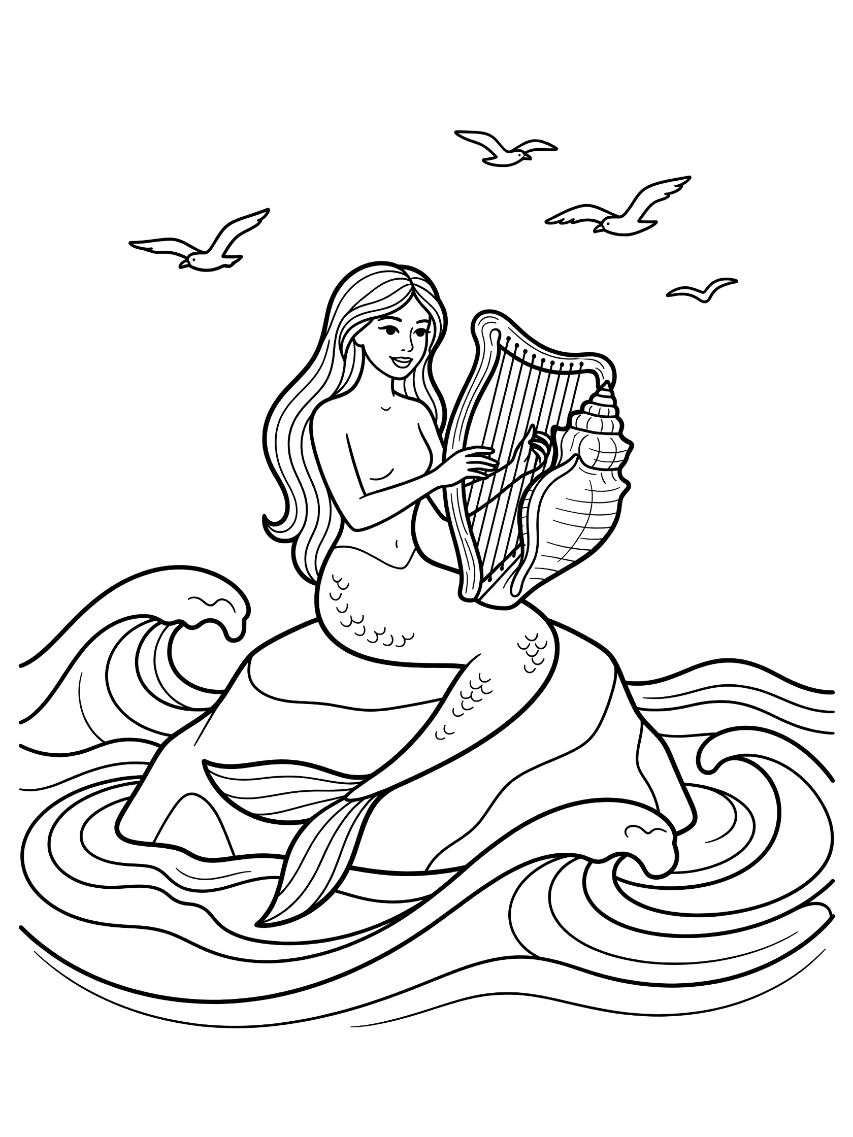 Black and white line art coloring page showing a mermaid with long hair and tail sitting on a rock, playing a harp made from a large seashell, surrounded by ocean waves and flying seagulls. Mermaid Harp themed black and white printable line art