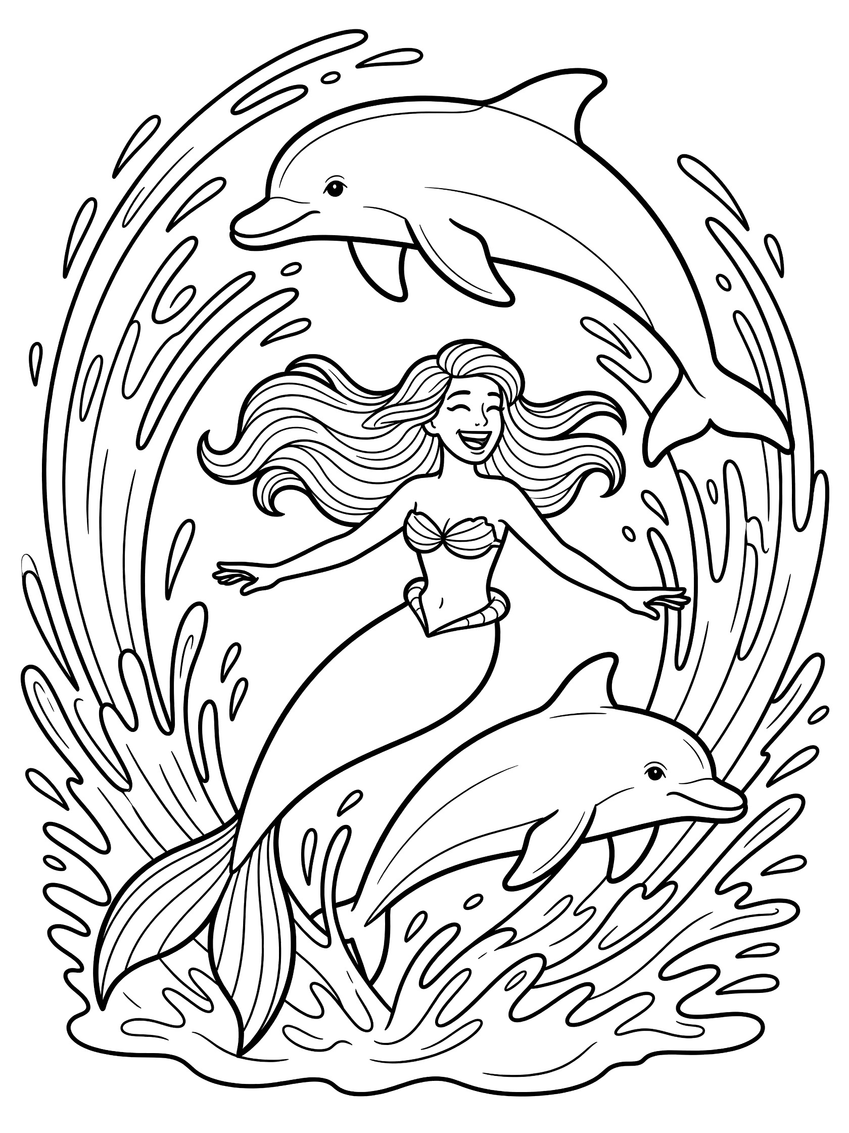 Black and white line art coloring page showing a joyful mermaid princess playing leapfrog with two dolphins jumping from the water, surrounded by splashes.