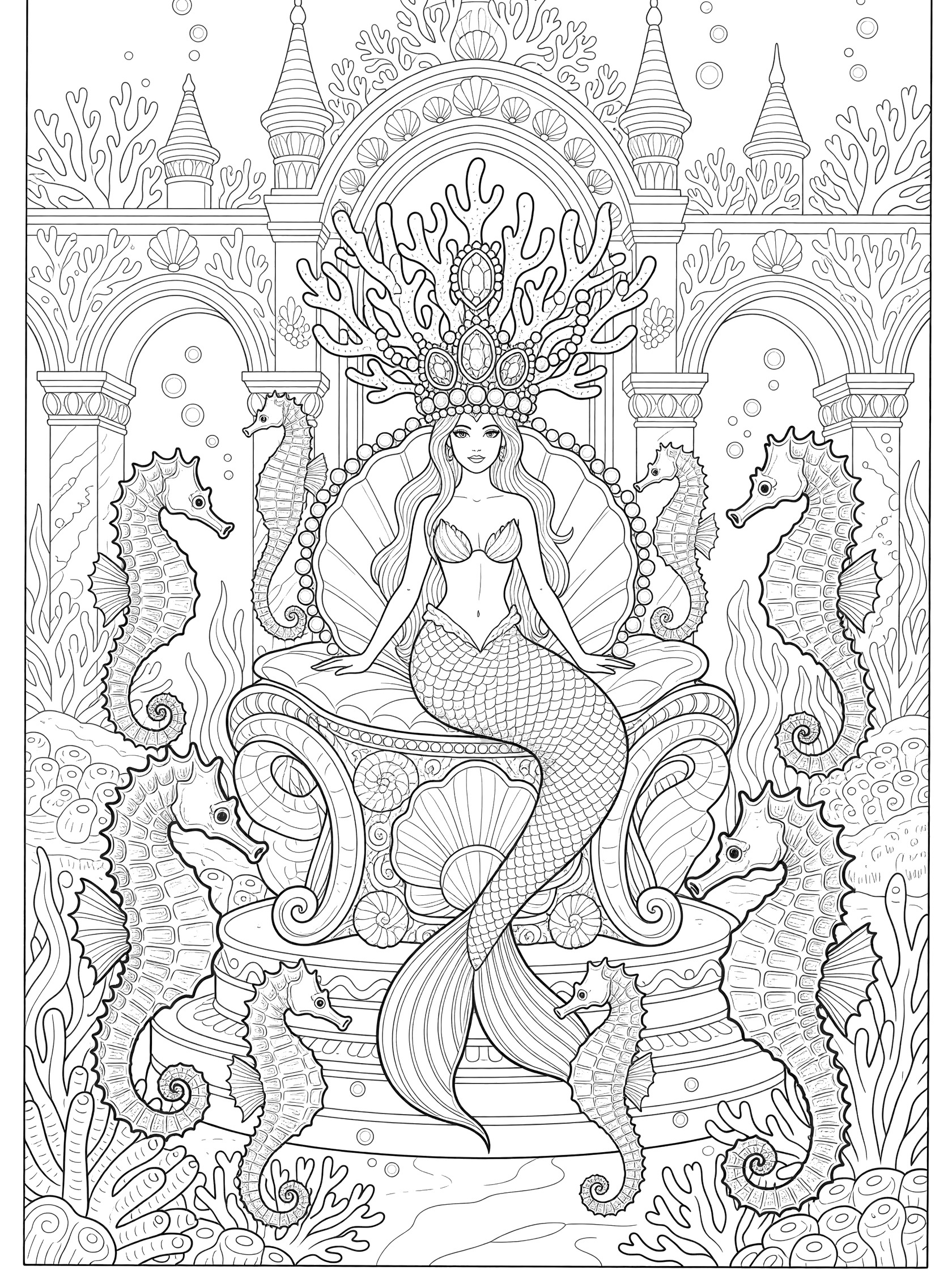 Black and white line art of a mermaid queen on a seashell throne surrounded by seahorses in an underwater palace, coloring page. Mermaid Crown themed black and white printable line art