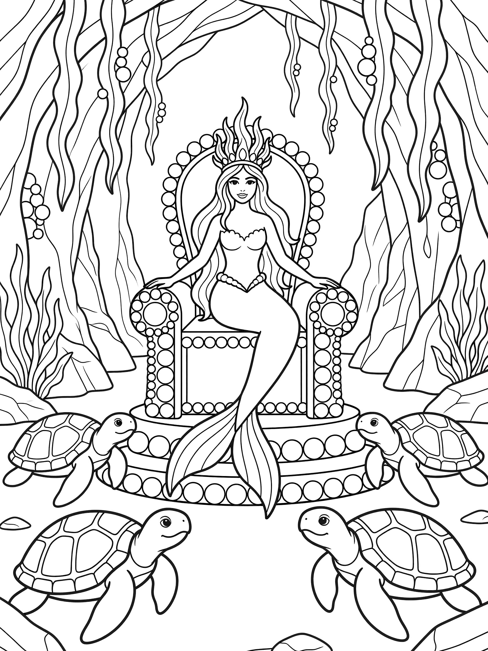 Black and white line art coloring page showing a mermaid queen with long hair and crown on a decorated throne, surrounded by four sea turtles, in a cave with seaweed and rocks. Mermaid Kingdom themed black and white printable line art