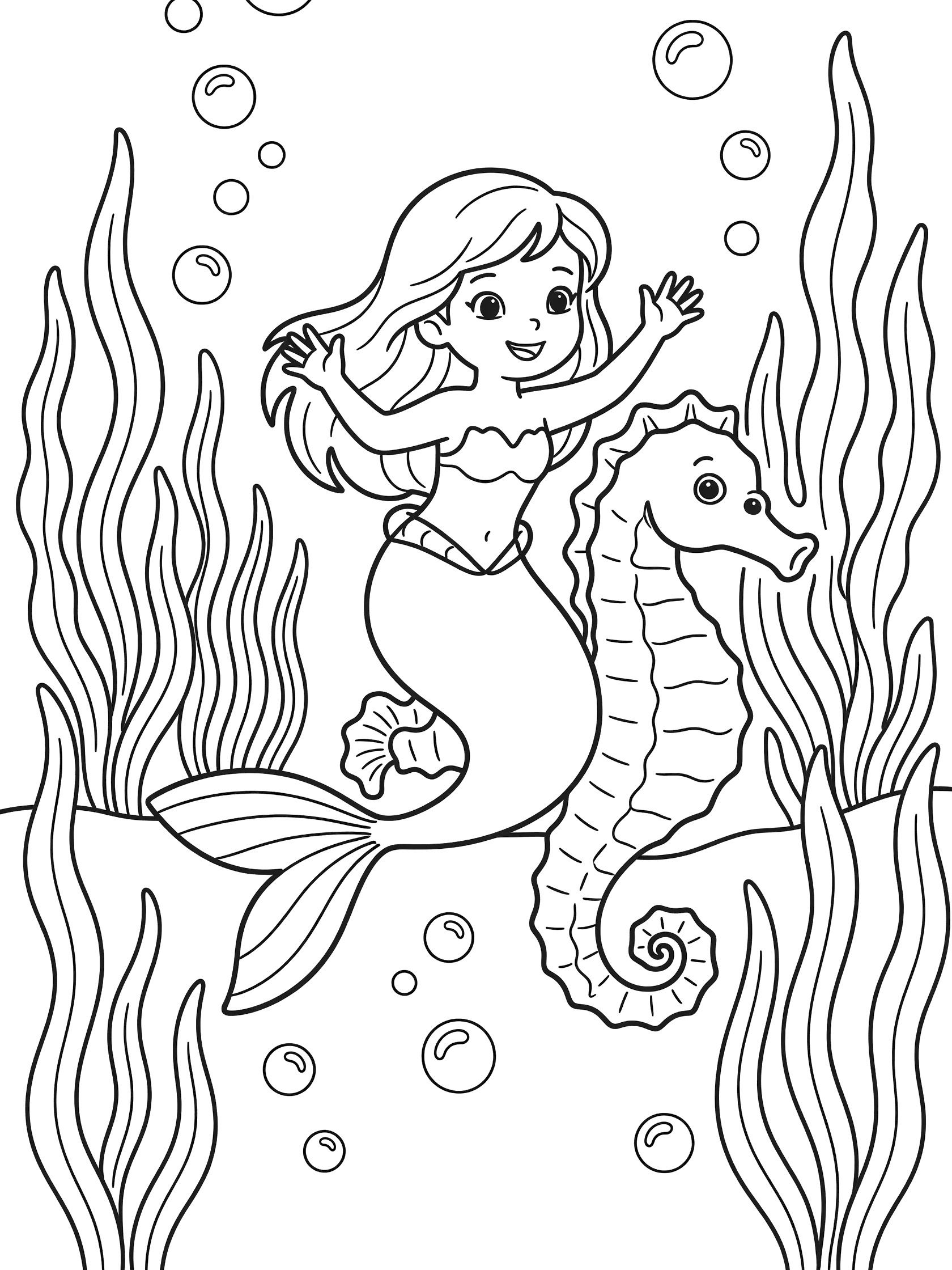 Black and white line art coloring page showing a smiling mermaid with long hair waving her arms while riding a curled-tail seahorse surrounded by bubbles and tall kelp strands. Mermaid Lagoon themed black and white printable line art