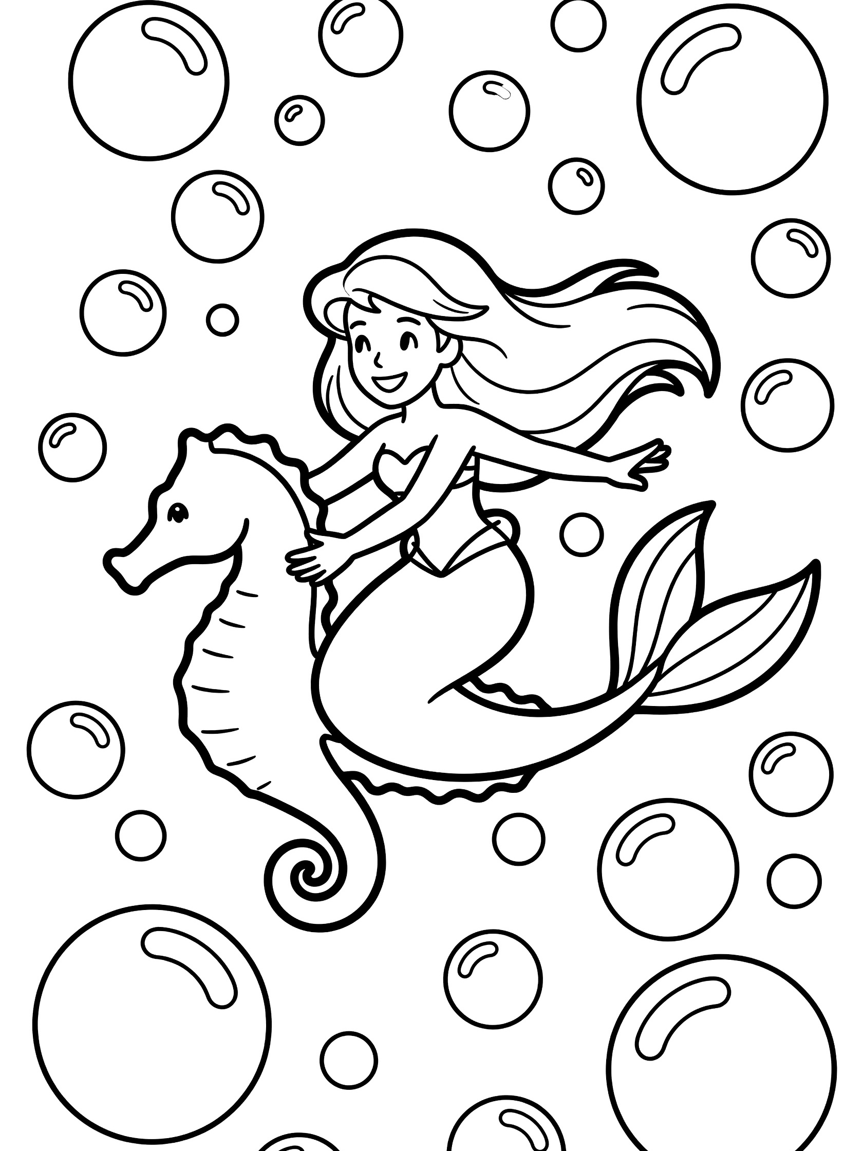 Black and white line art coloring page showing a smiling mermaid with long hair riding a seahorse, surrounded by floating bubbles. Mermaid Princess themed black and white printable line art