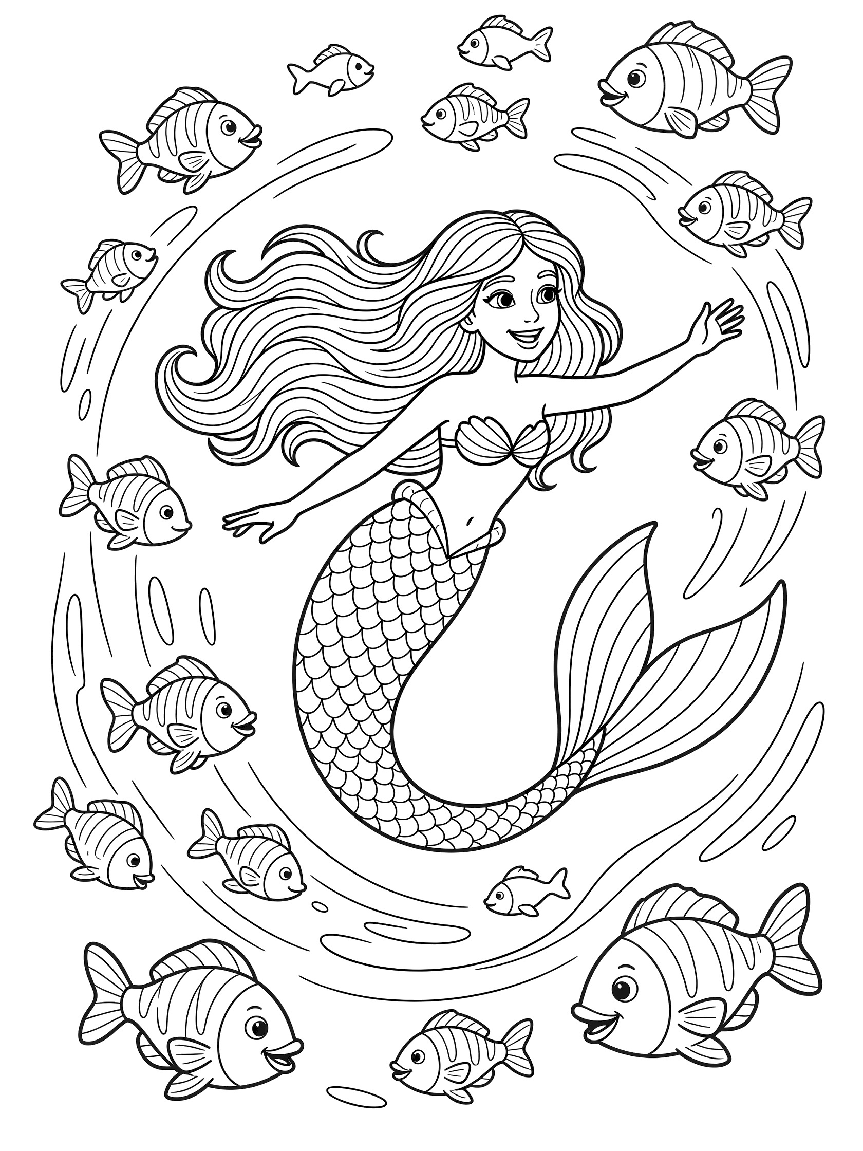 Black and white line art coloring page showing a mermaid with long hair and tail swimming surrounded by many fish. Mermaid Princess themed black and white printable line art
