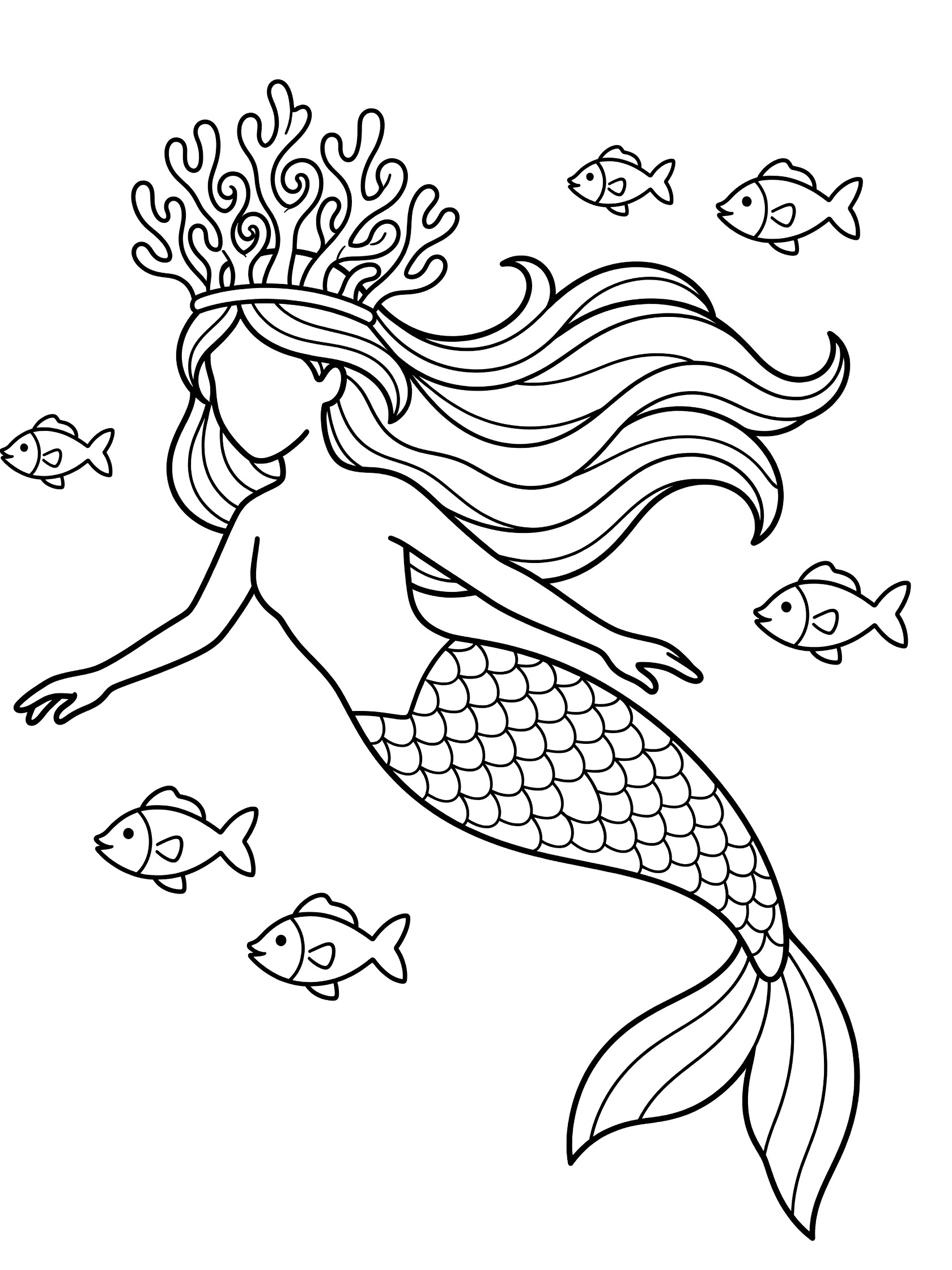 Black and white line art coloring page showing a mermaid with long flowing hair, coral crown, fish tail, and small fish swimming around her. Mermaid Crown themed black and white printable line art