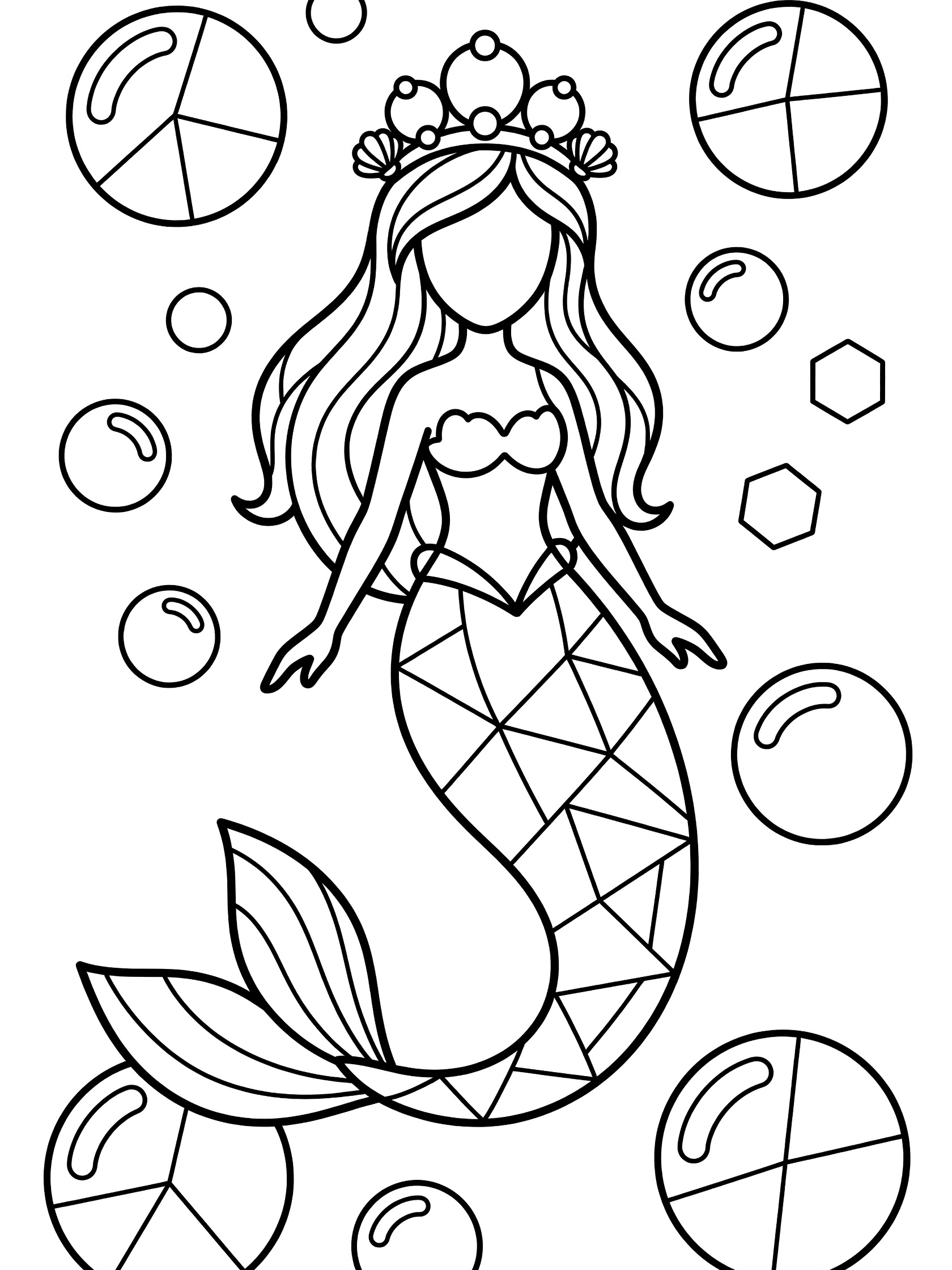 Black and white line art coloring page showing a mermaid with long hair, geometric patterned tail, simple crown of bubbles and shells, and floating geometric bubbles. Mermaid Crown themed black and white printable line art