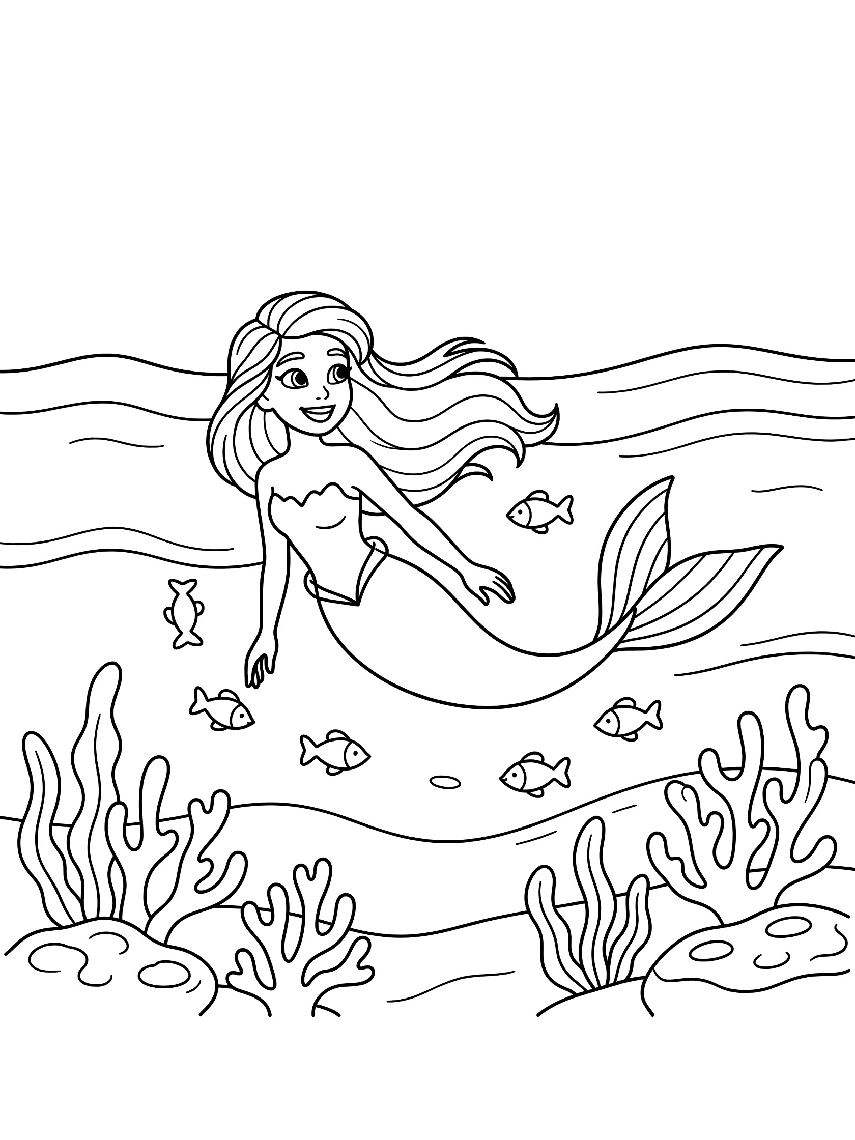 Black and white line art coloring page showing a smiling mermaid with long hair and tail, surrounded by small fish, wavy seaweed, simple coral, and gentle waves. Mermaid Lagoon themed black and white printable line art