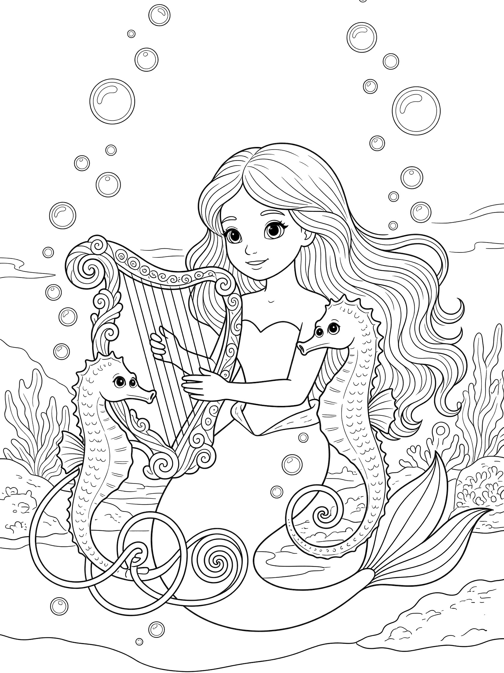 Black and white line art coloring page showing a mermaid with long hair playing a curly harp, two seahorses nearby, bubbles floating up, and sea plants. Mermaid Harp themed black and white printable line art