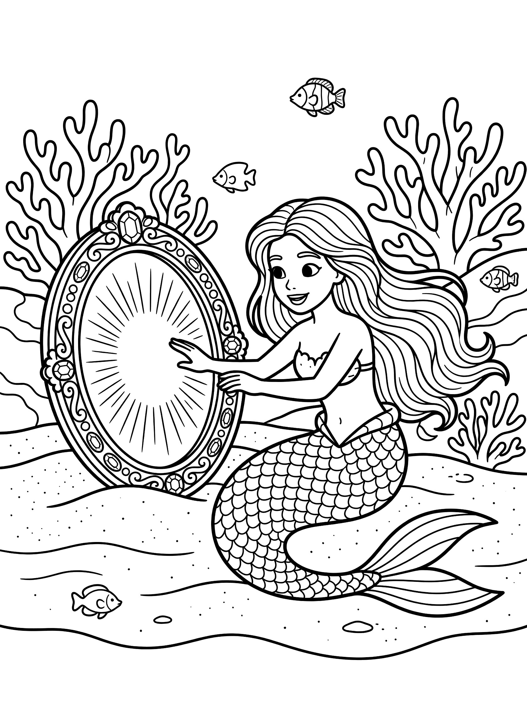 Black and white line art coloring page showing a mermaid reaching for a fancy mirror half-buried in sand, surrounded by coral and small fish underwater. Mermaid Mirror themed black and white printable line art