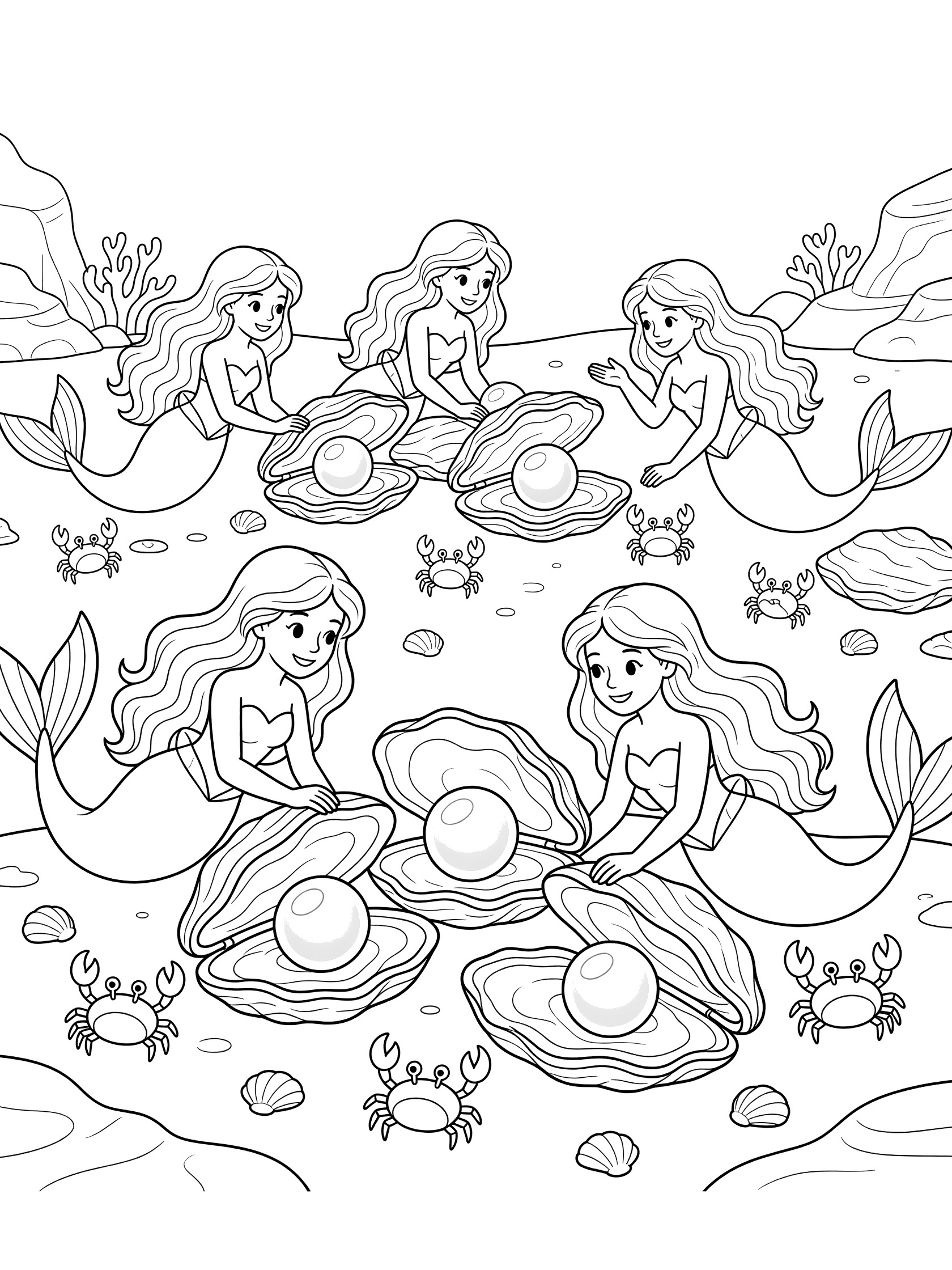 Black and white line art coloring page showing four mermaids with flowing hair gently holding large open clamshells containing pearls, small crabs nearby, and ocean rocks on a white background. Mermaid Kingdom themed black and white printable line art