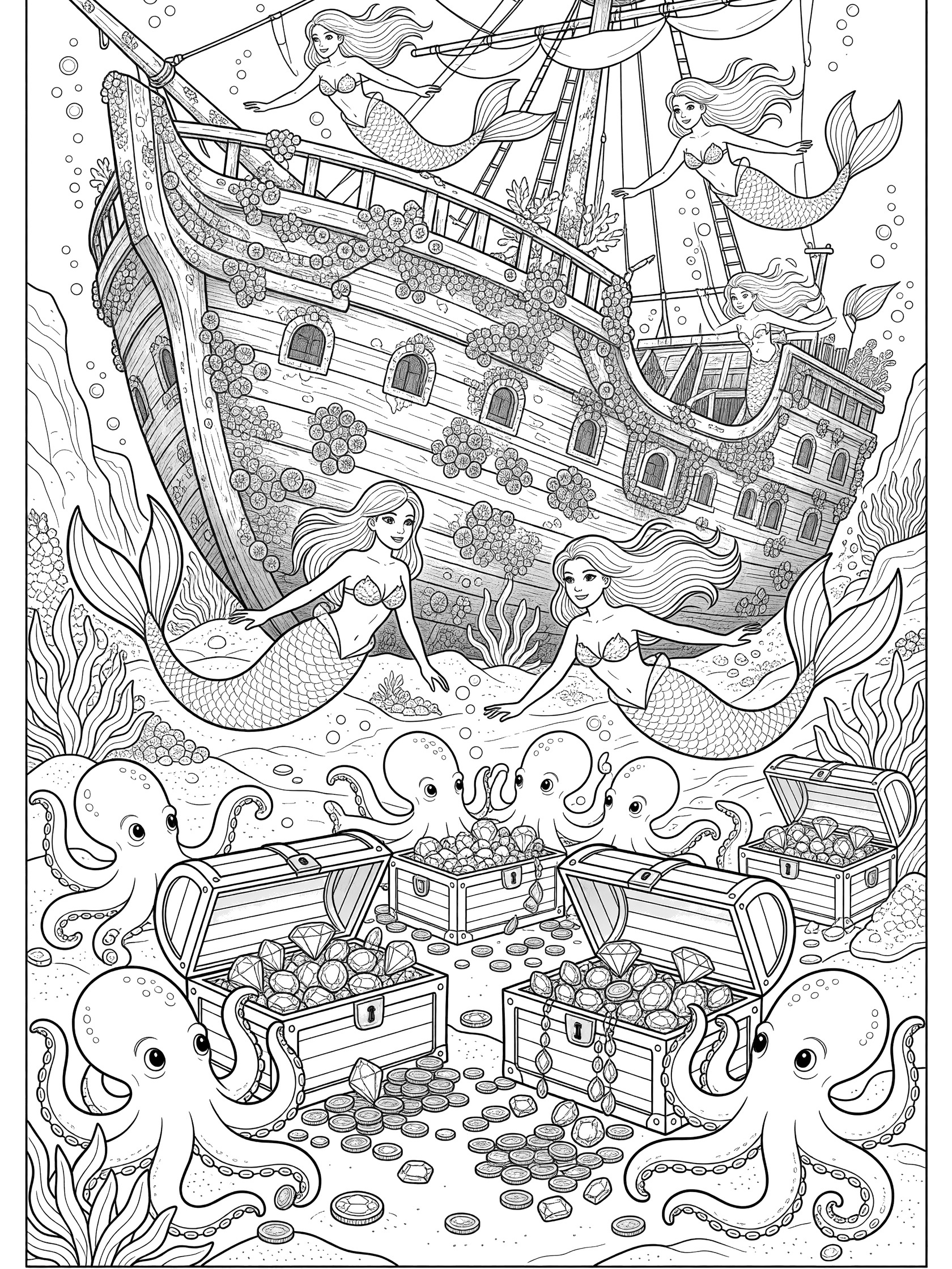 Black and white line art coloring page showing mermaids exploring a sunken wooden shipwreck with octopuses holding treasure chests and gold coins on the ocean floor. Mermaid Kingdom themed black and white printable line art