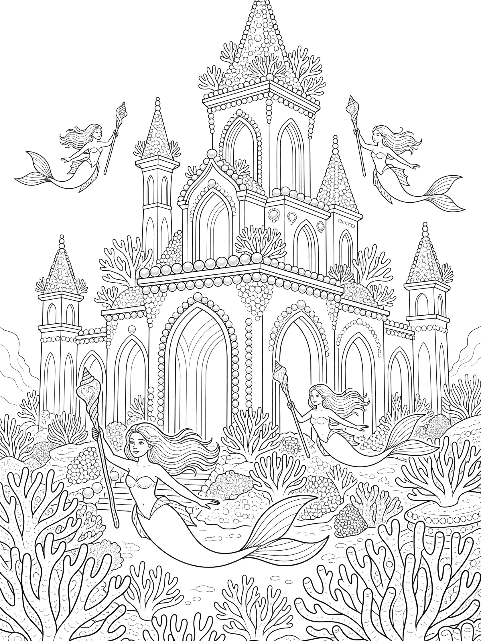 Black and white line art coloring page showing four mermaids with long hair and tails holding staffs near a grand castle with towers, arches, and coral details. Mermaid Kingdom themed black and white printable line art