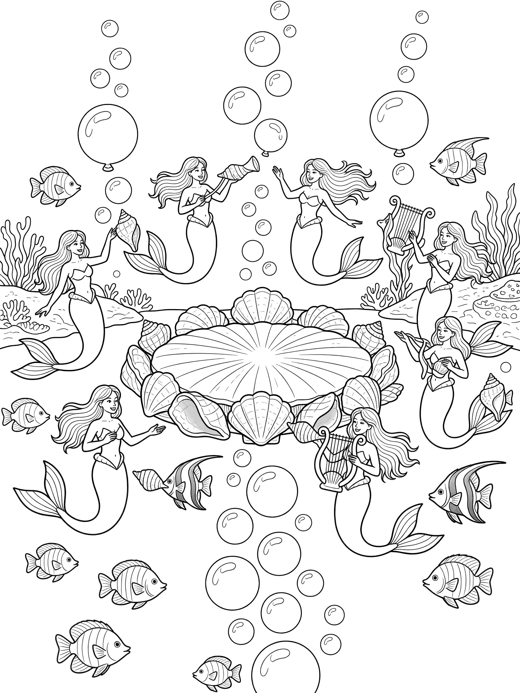 Black and white line art coloring page showing mermaids with long hair and tails holding shells, circling a large central seashell, surrounded by fish and round bubbles. Mermaid Kingdom themed black and white printable line art