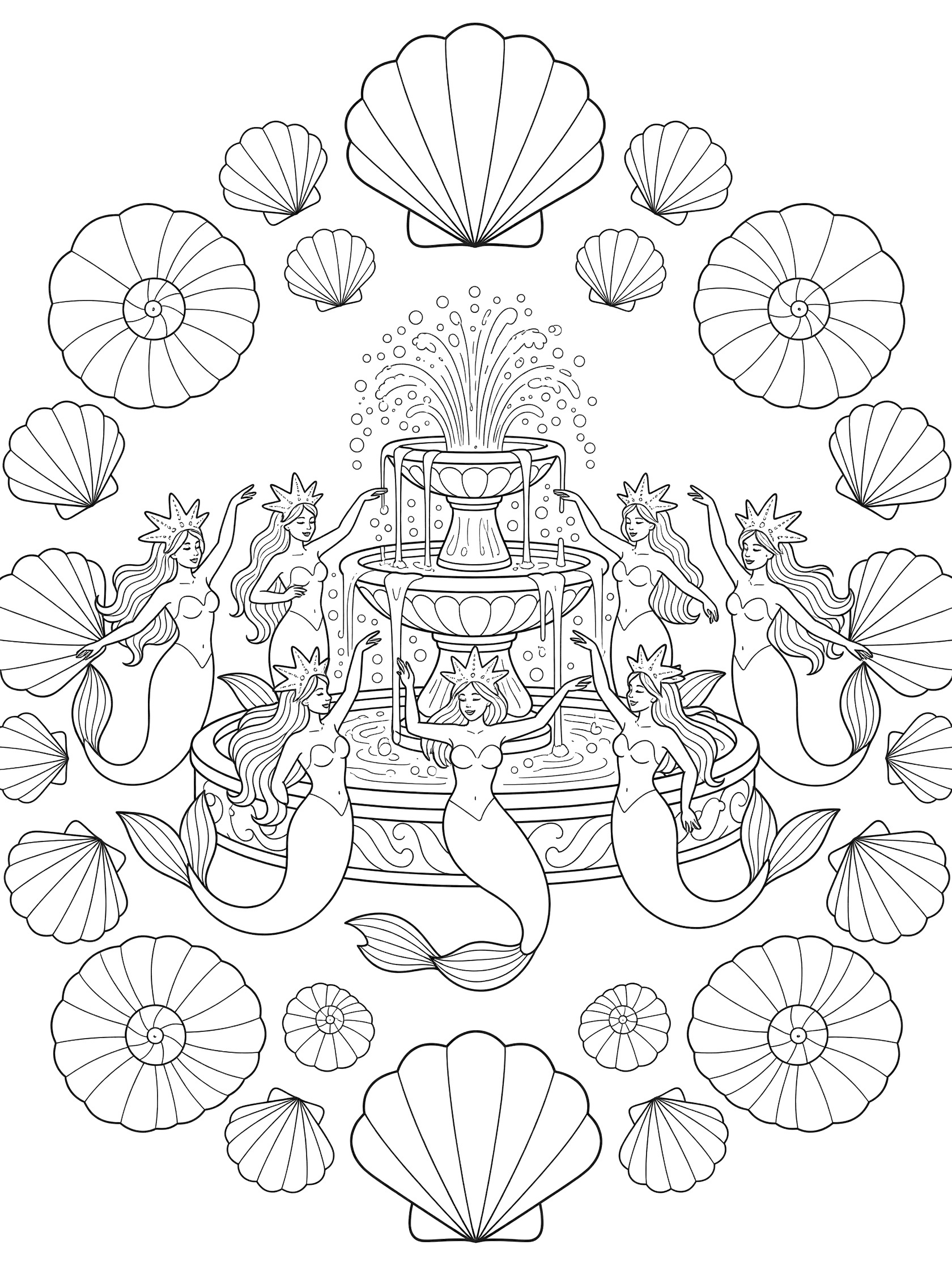 Black and white line art coloring page showing mermaids dancing around a central fountain with shells, starfish crowns, and bubbles. Mermaid Kingdom themed black and white printable line art