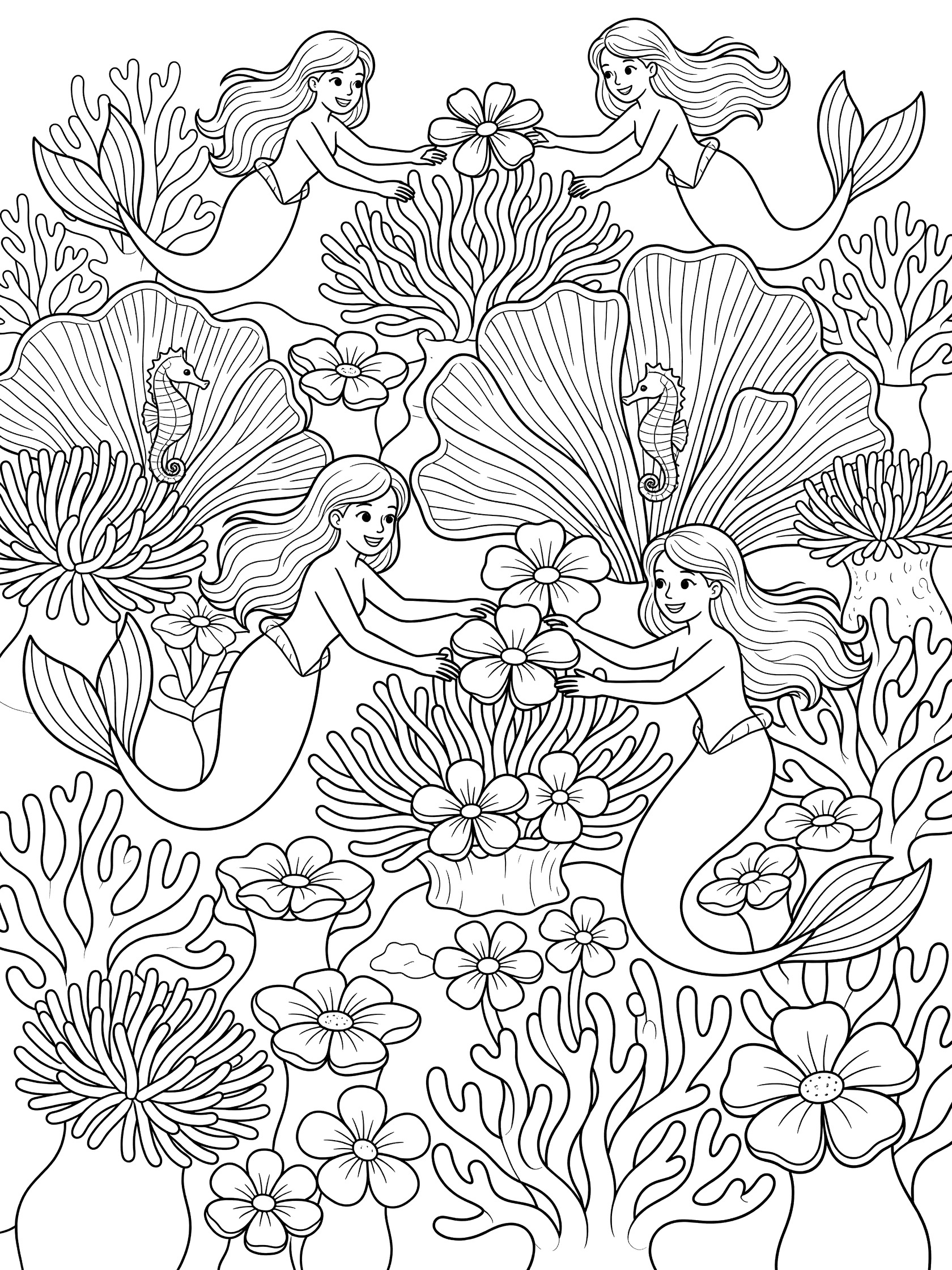 Black and white line art coloring page showing four mermaids with long hair holding large flowers, with sea anemones, fan corals, seahorses, and sea plants on white background. Mermaid Kingdom themed black and white printable line art