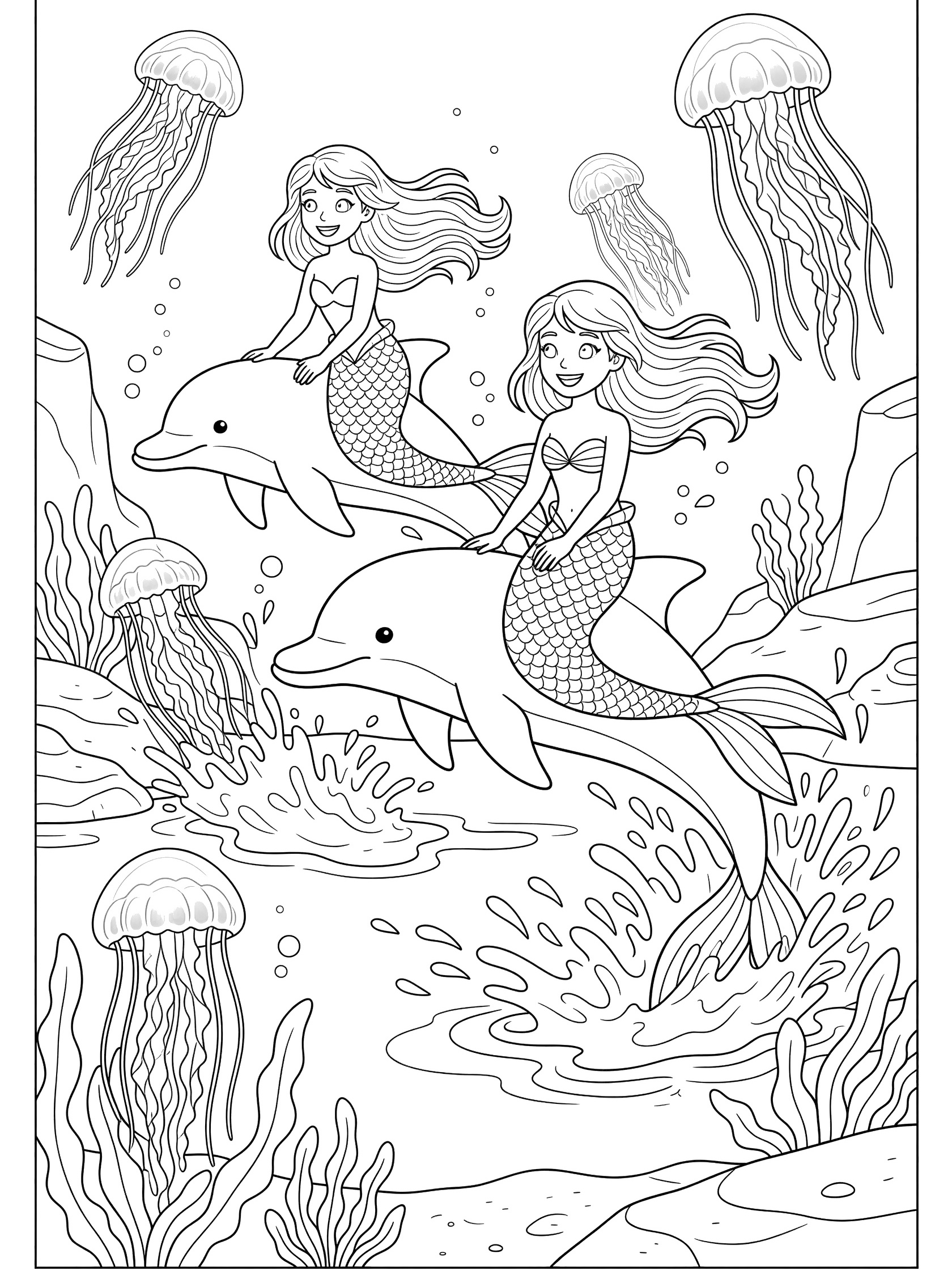 Black and white line art coloring page showing four smiling mermaids riding two dolphins, surrounded by jellyfish, seaweed, and water splashes on a white background.