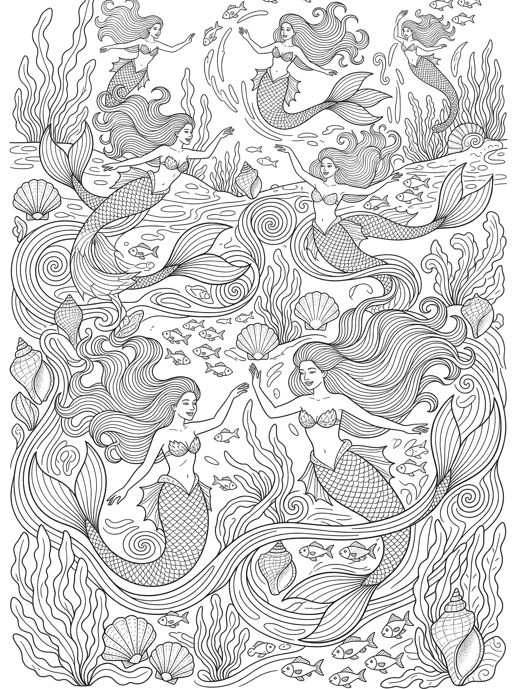 Black and white line art coloring page showing several mermaids with long flowing hair and detailed tails swimming among schools of fish, seaweed, and shells in an underwater lagoon. Mermaid Lagoon themed black and white printable line art