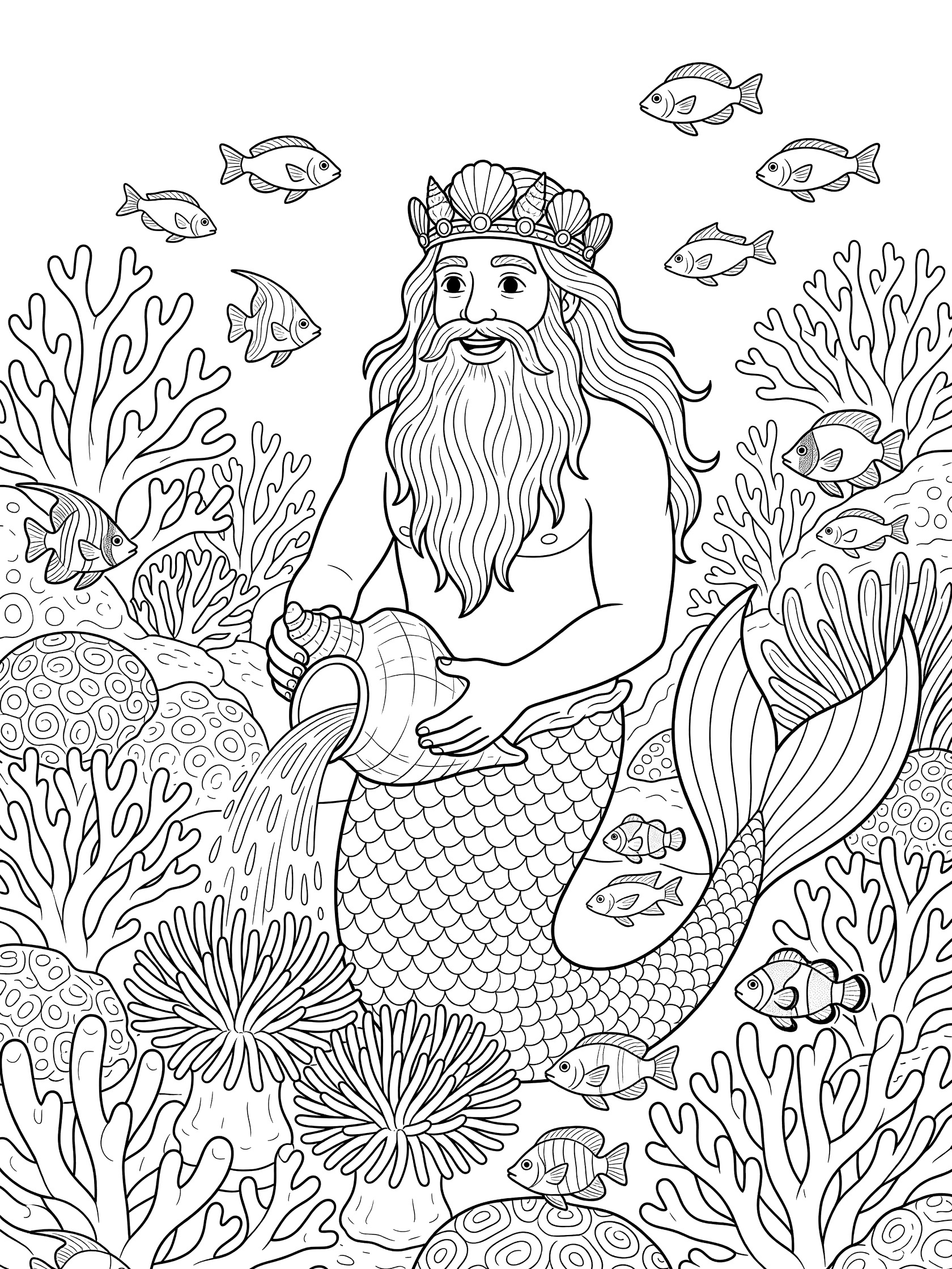 Black and white line art coloring page showing a bearded merman king with crown and tail holding a shell pitcher pouring water on coral flowers with fish and sea plants around him. Mermaid King themed black and white printable line art