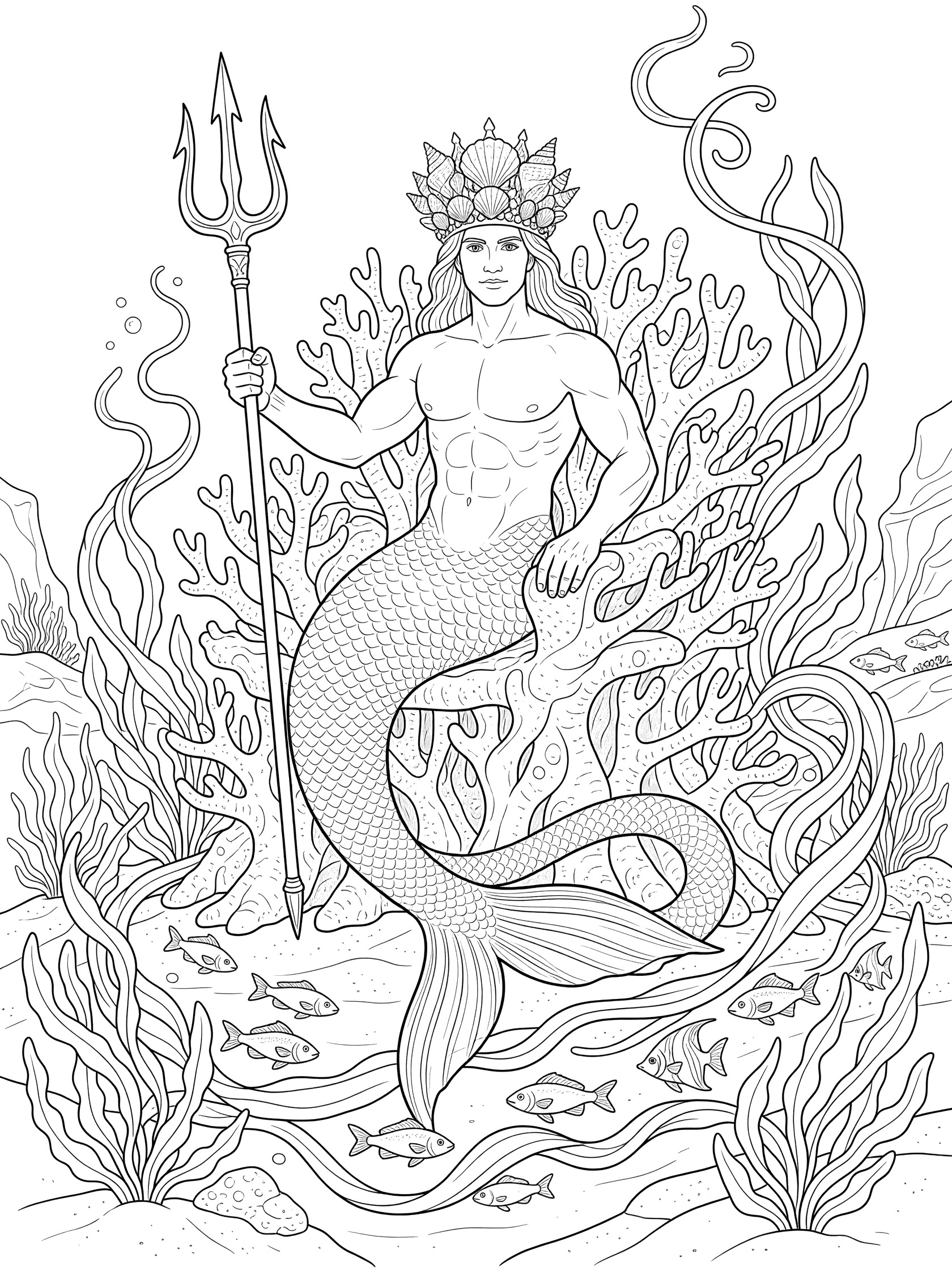 Black and white line art coloring page of a muscular merman king with long hair, seashell crown, trident, sitting on coral throne surrounded by seaweed and small fish. Mermaid King themed black and white printable line art
