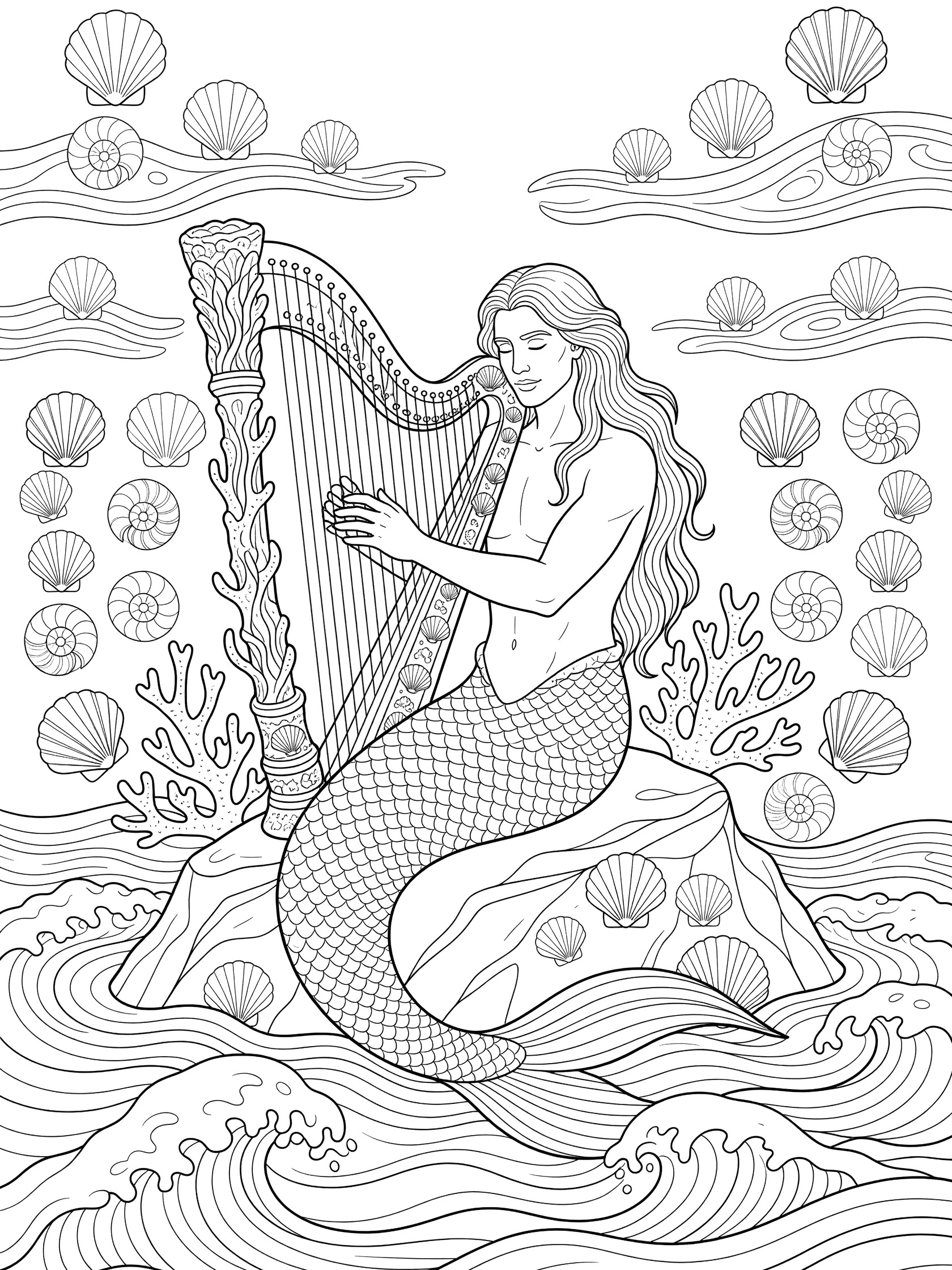 Black and white line art of a merman with long hair and fish tail sitting on a rock, playing a tall harp with coral details, surrounded by waves, shells, and seaweed. Mermaid King themed black and white printable line art