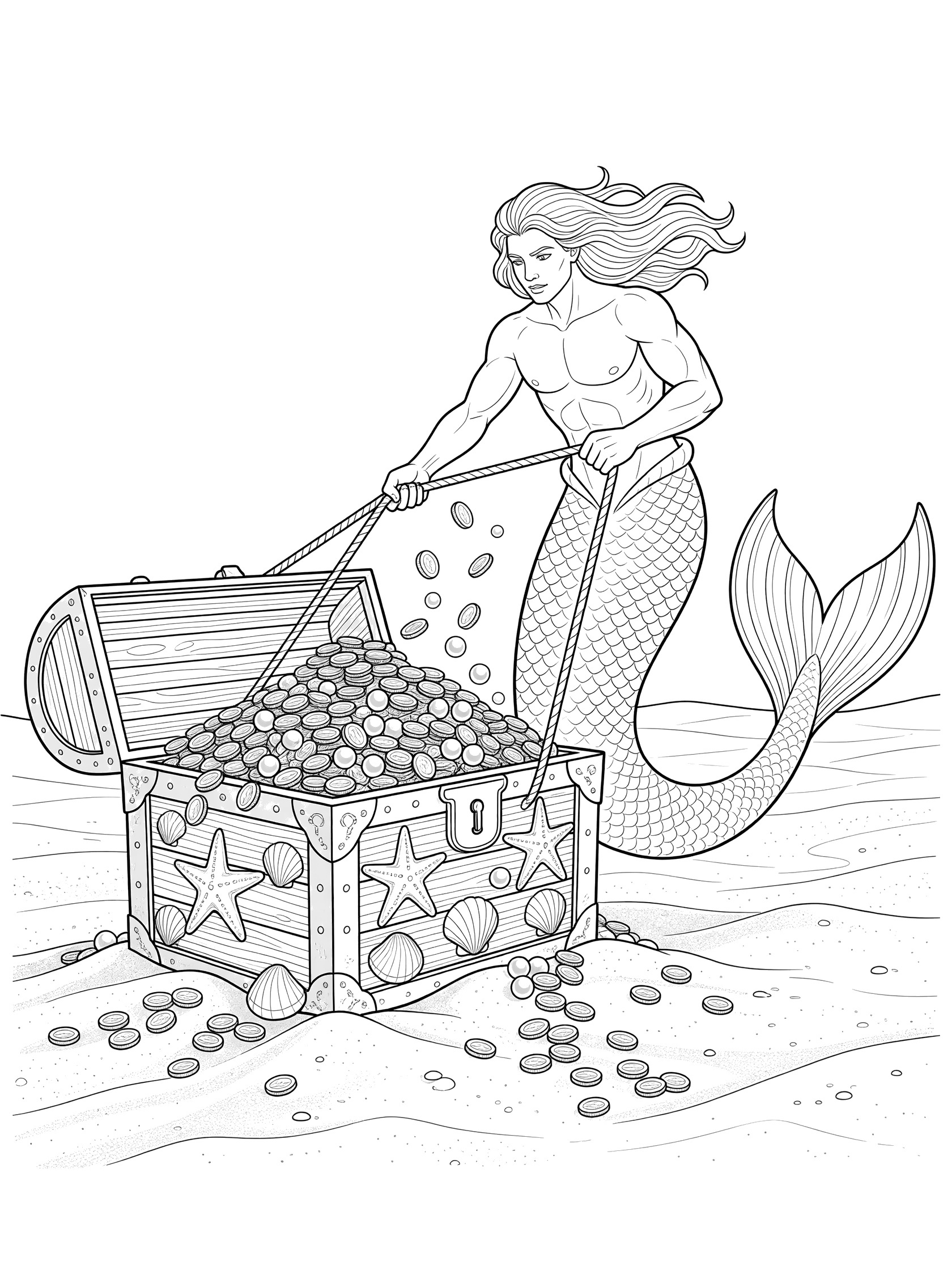 Black and white line art of a strong merman with long hair and tail pulling ropes on an open treasure chest overflowing with coins and pearls on sandy ocean floor with starfish and clams. Mermaid King themed black and white printable line art