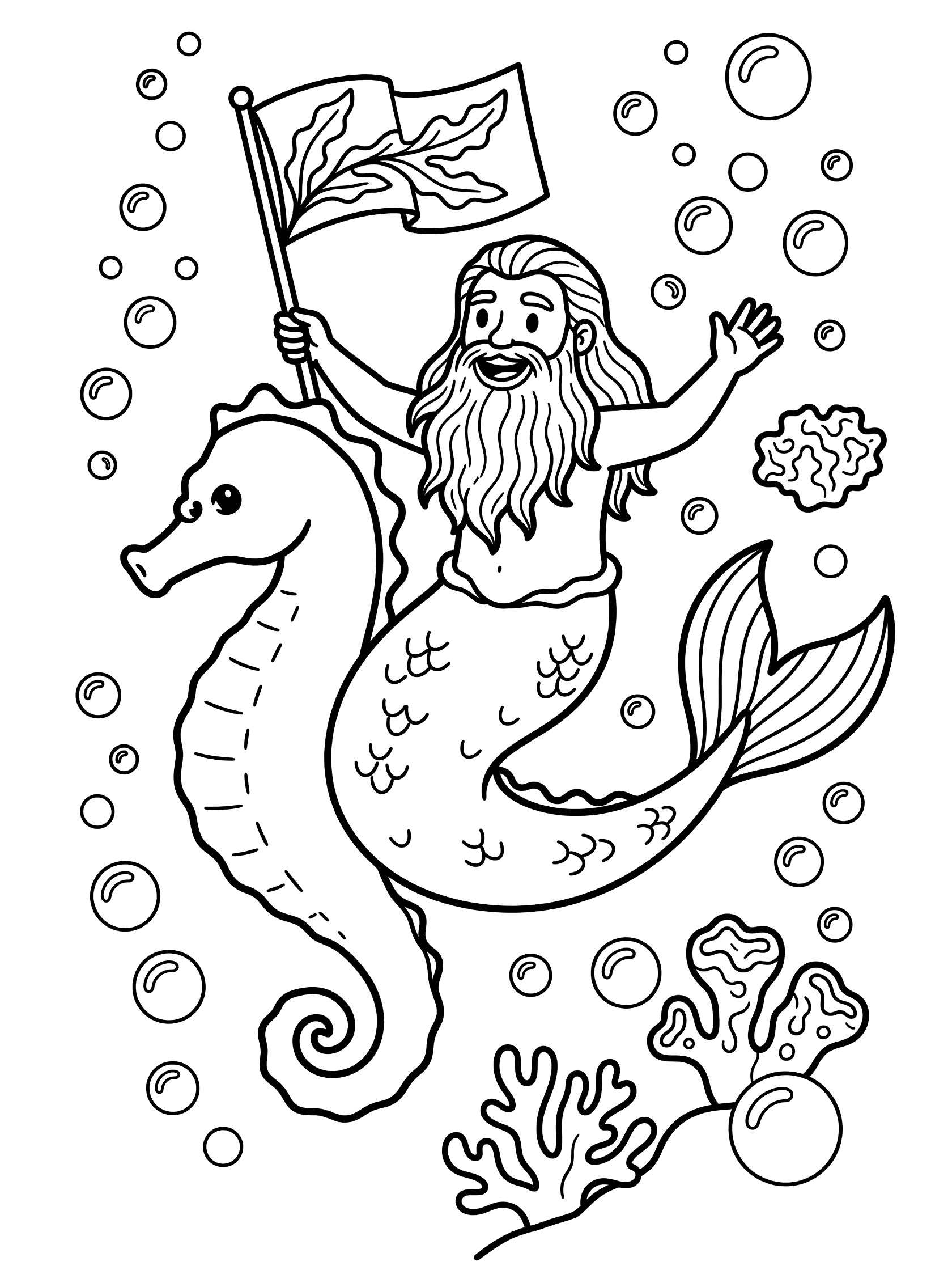 Black and white line art coloring page showing a bearded merman with long hair riding a seahorse, holding a kelp flag, surrounded by bubbles and coral in the ocean. Mermaid King themed black and white printable line art