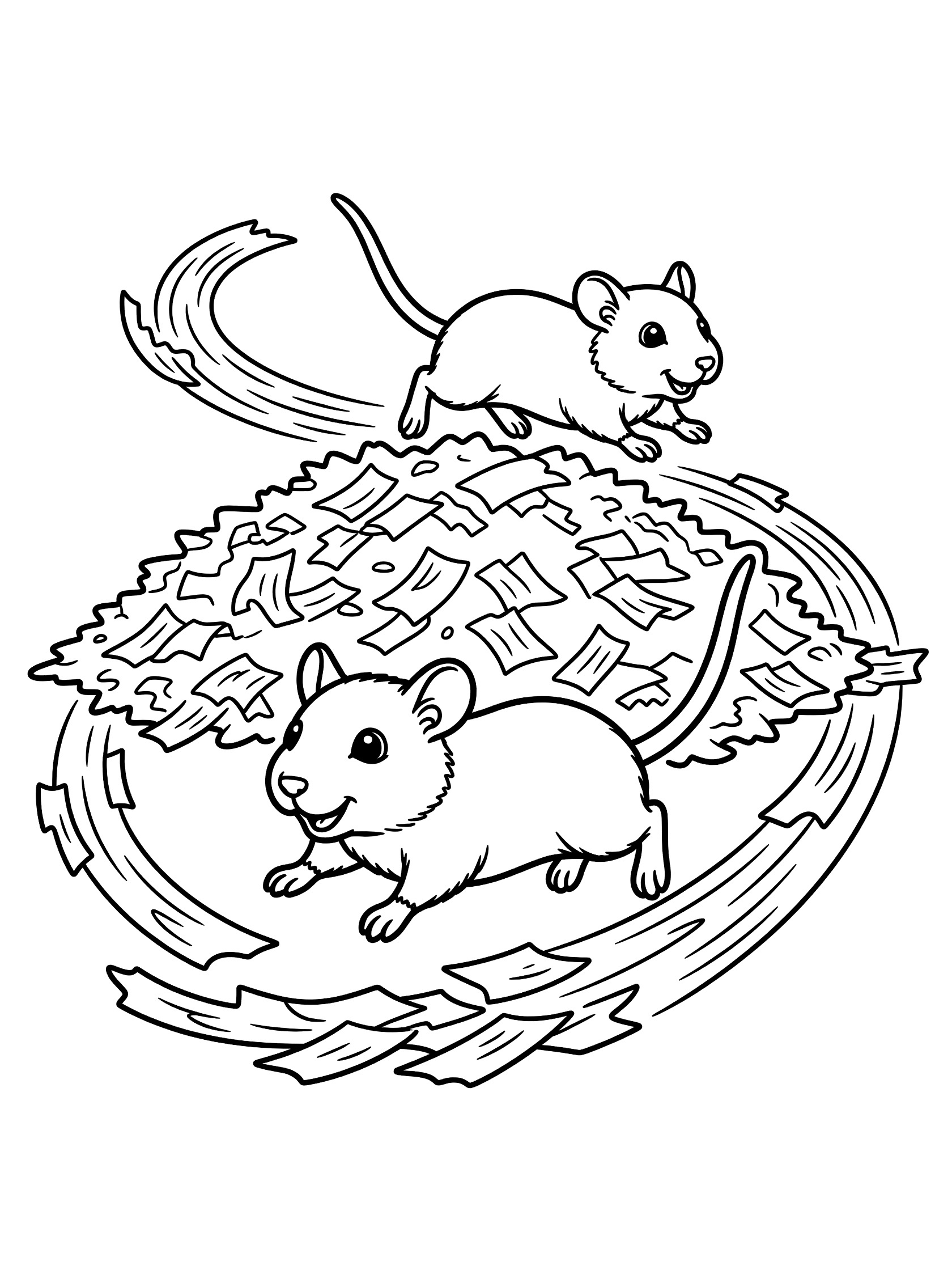 Black and white line art coloring page showing two cartoon mice playfully chasing each other around a tall pile of shredded paper money with swirling motion lines. Gerbil themed black and white printable line art