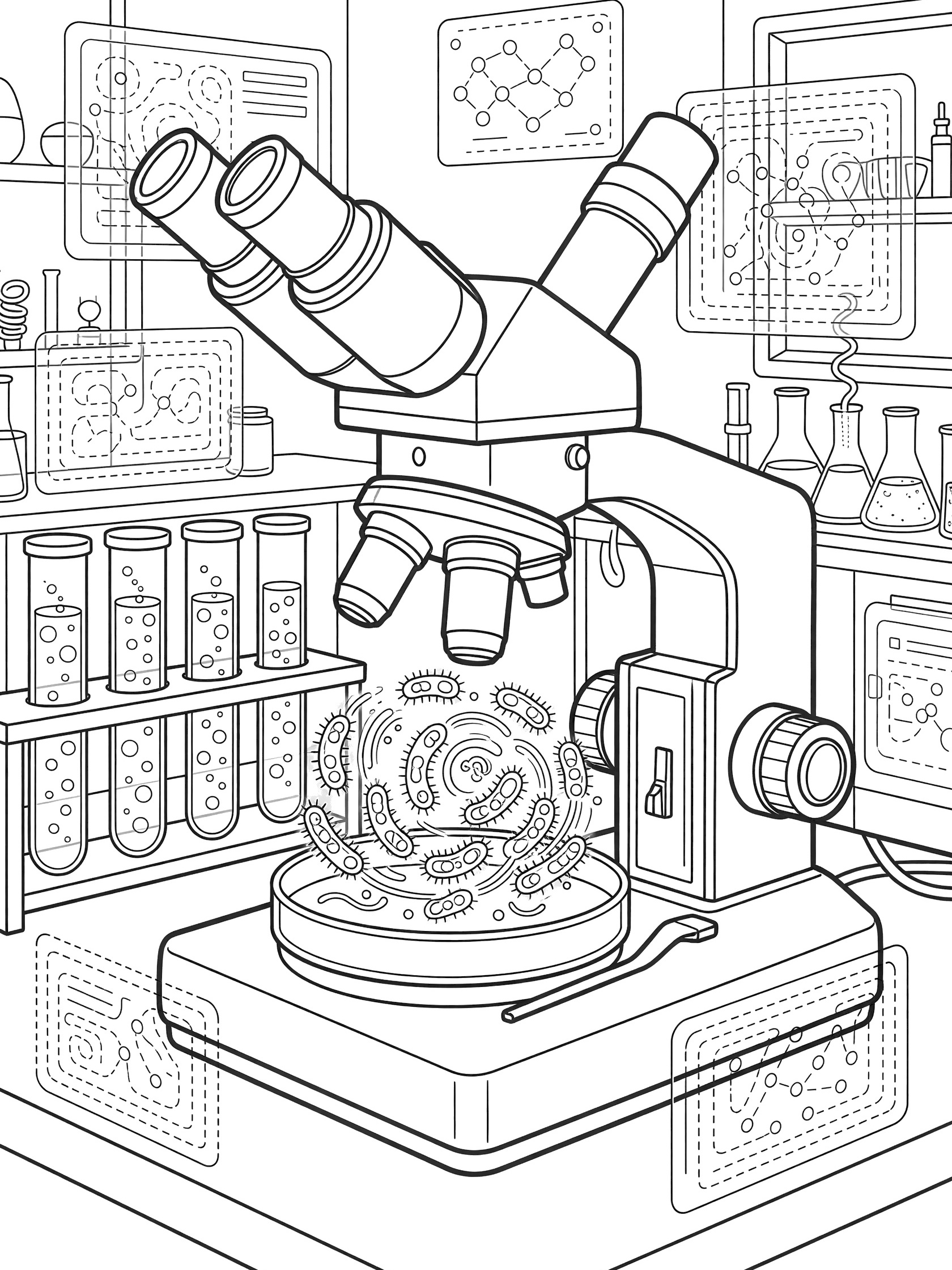 Line art coloring page showing a microscope viewing swirling bacteria on a petri dish slide in a futuristic lab with test tubes and digital displays