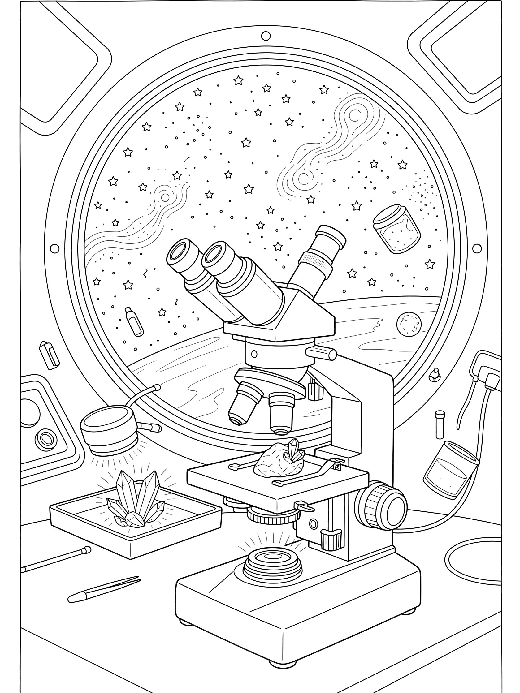Black and white line art of a microscope examining moon rock crystals in a space station lab with starry porthole and zero-gravity floating equipment.