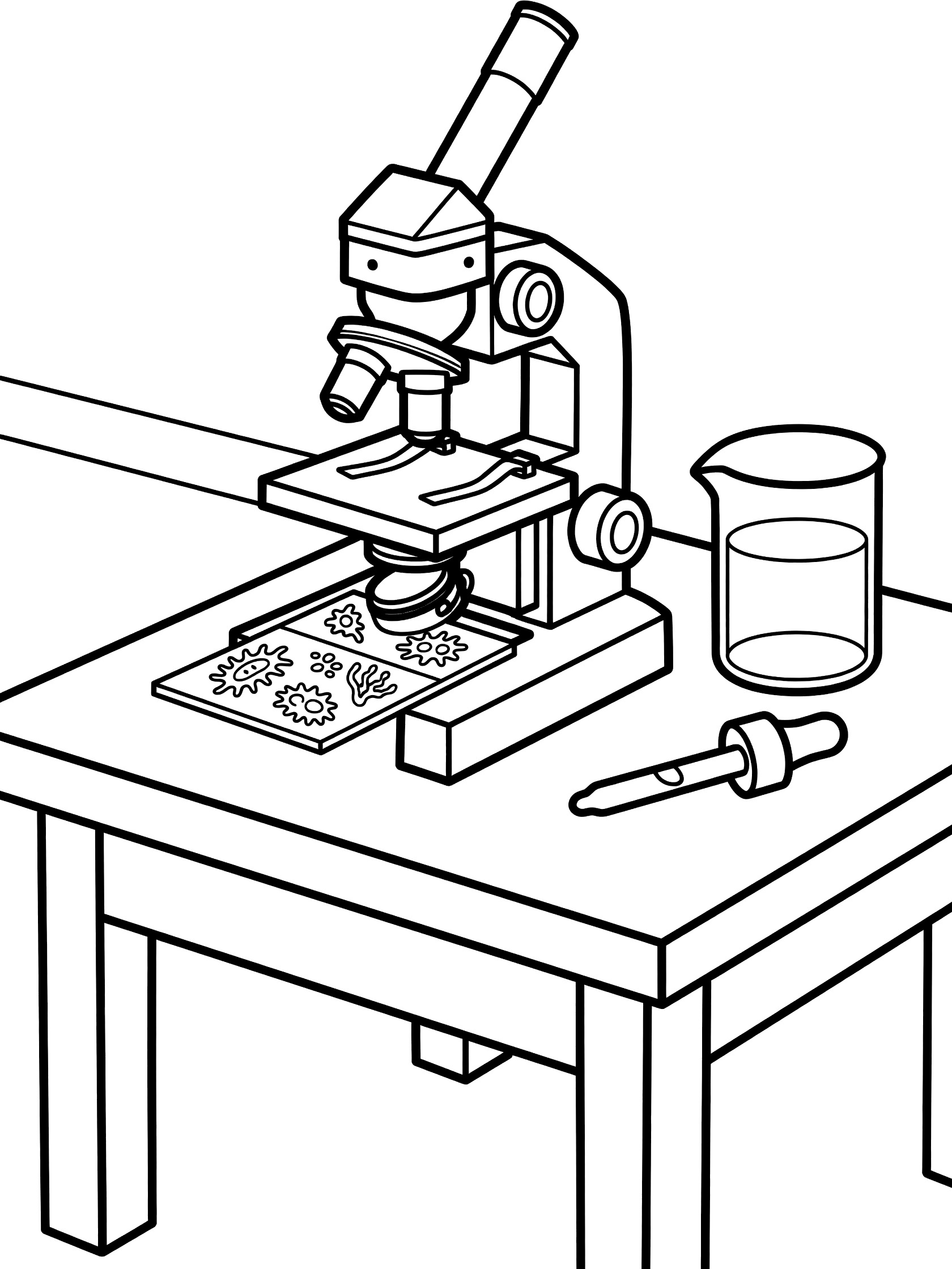 Line art coloring page showing a microscope focused on a slide with pond microorganisms, beaker of water, and dropper on a wooden table