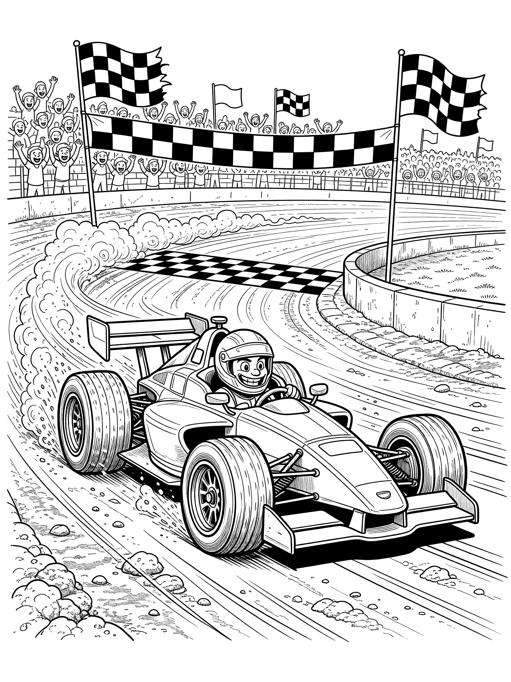 Line art coloring page showing a midget car dramatically crossing the checkered finish line, kicking up dirt from big tires, with a happy driver, flags, and grandstands.
