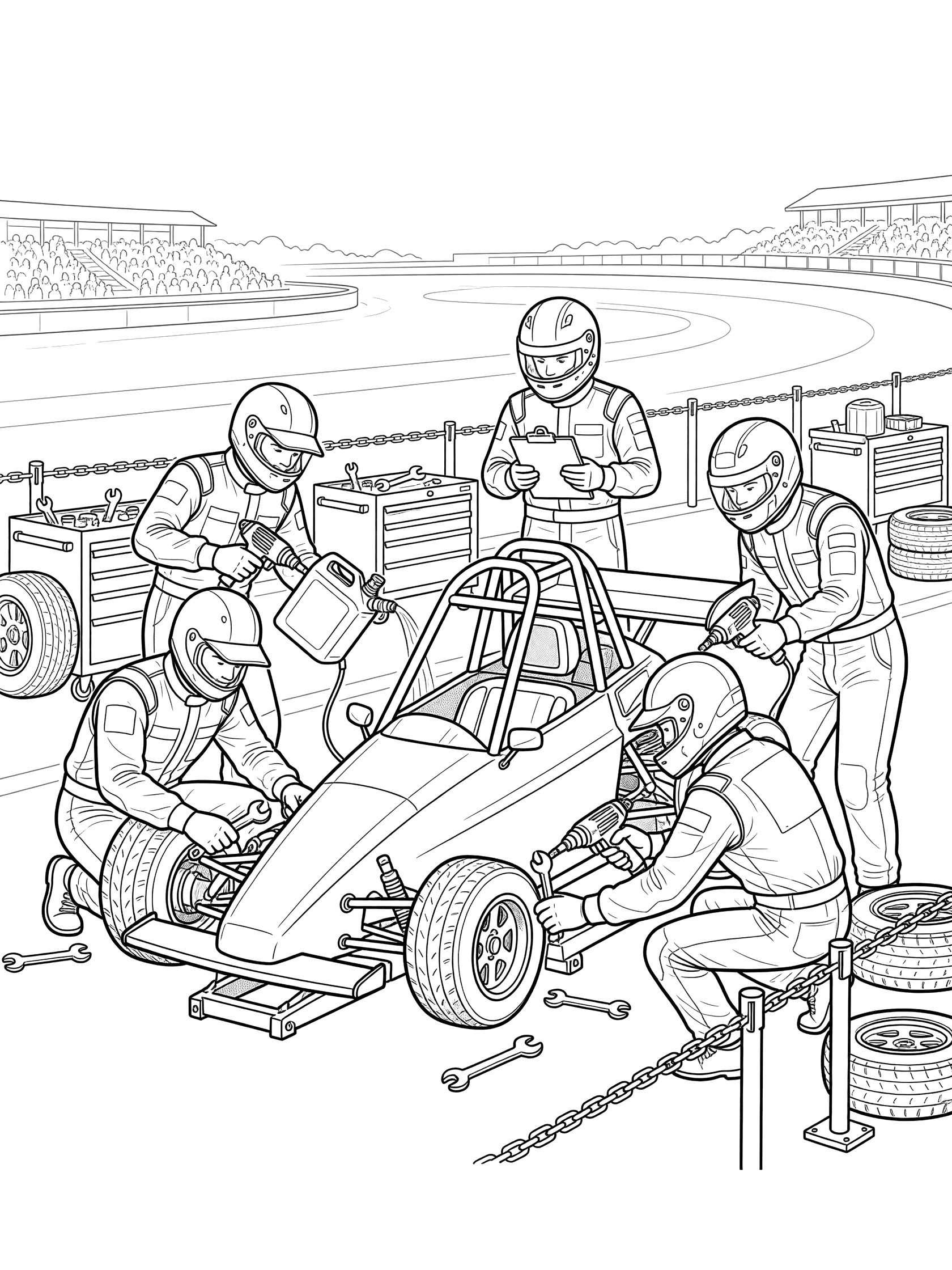 Black and white line art of a midget car jacked up during pit stop, mechanics using tools on tires, driver checking clipboard, tool carts and spare tires around, race track oval behind.