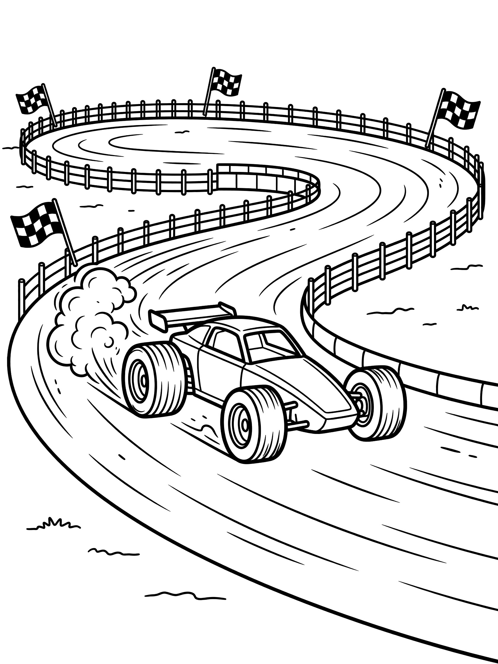 Black and white coloring page of a midget car racing fast on a banked oval dirt track, kicking up dust, with checkered flags at the corners and safety barriers.