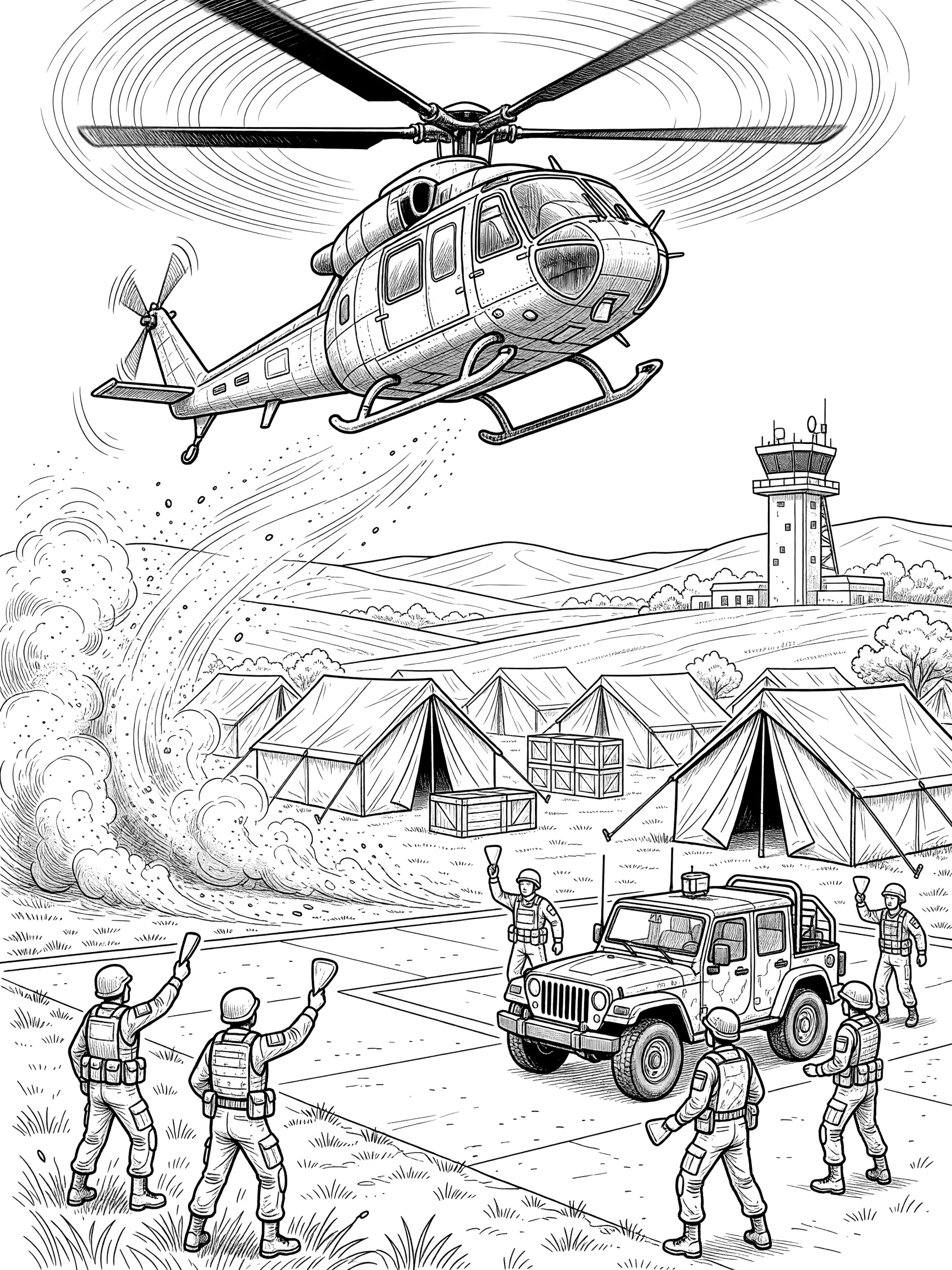 Black-and-white line art coloring page of a military helicopter in takeoff from a helipad at an army base with spinning rotors, dust, ground crew signaling, military jeep, tents, crates, control tower, and hills.