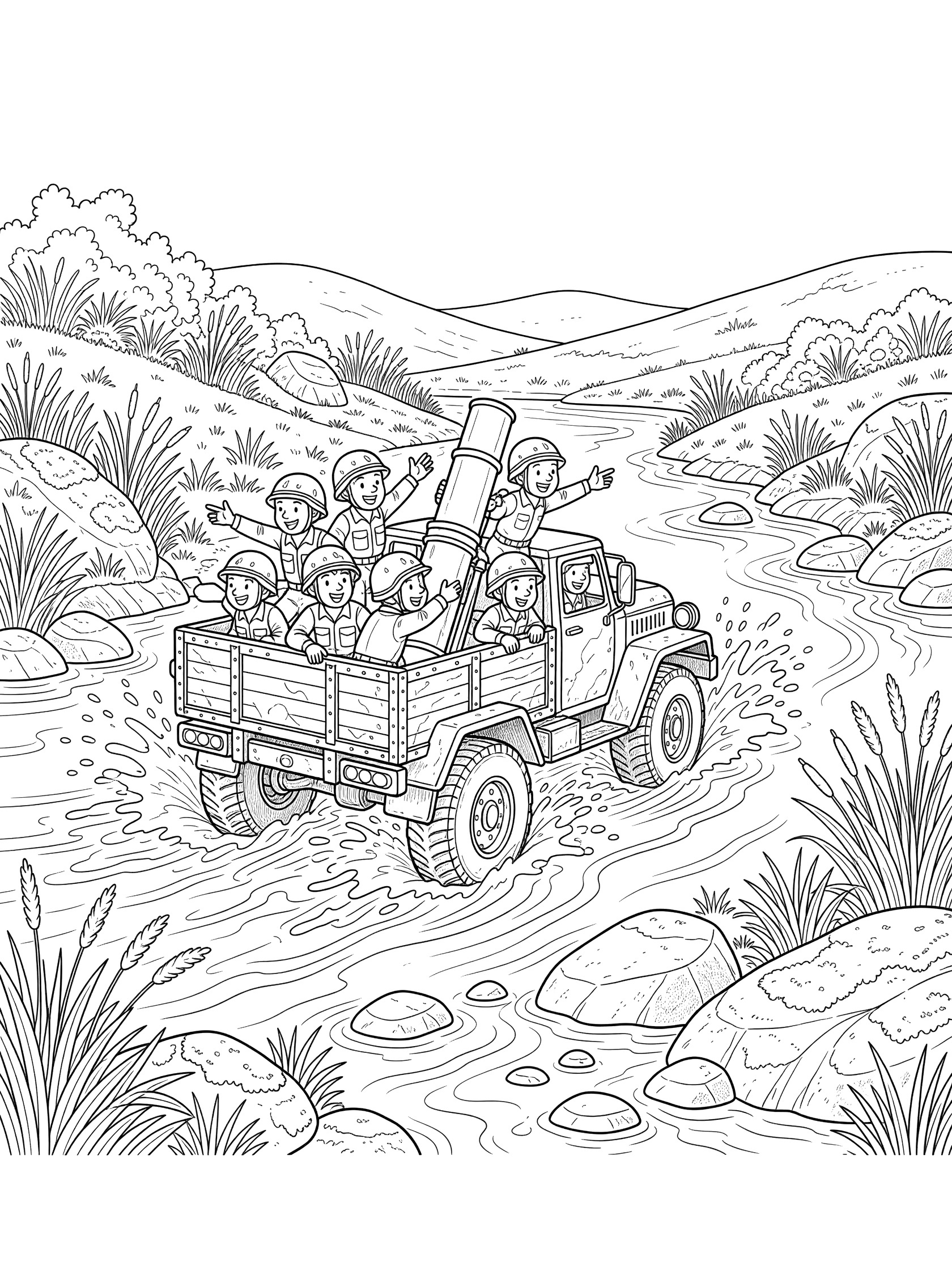 Line art coloring page showing a rugged mortar truck crossing a shallow river with big tires in water, tall mortar tube on back, and happy soldiers pointing ahead amid grasses and boulders.