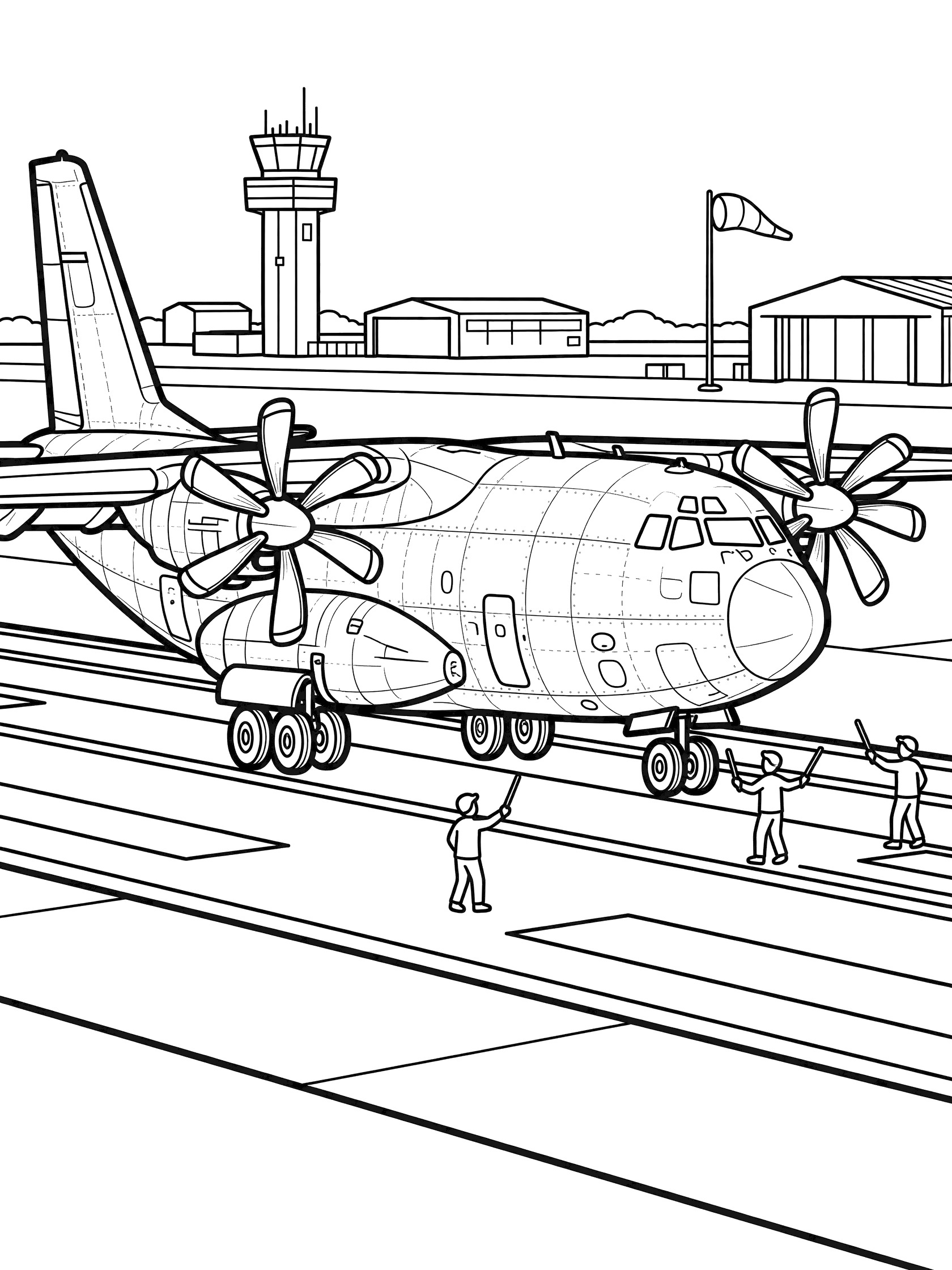 Black and white line art of a transport plane landing on a runway with extended landing gear, spinning propellers, ground crew, control tower, hangars, and windsock.