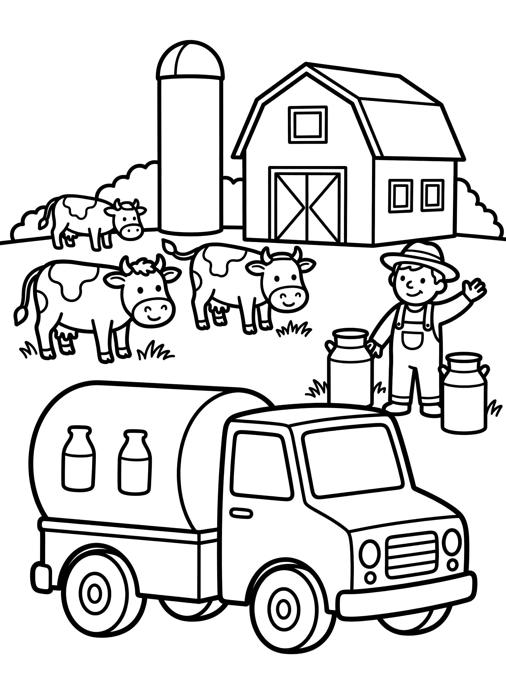 Line art coloring page showing a milk truck with milk bottle decals at a farm, next to cows, a waving farmer with milk cans, red barn and white silo.