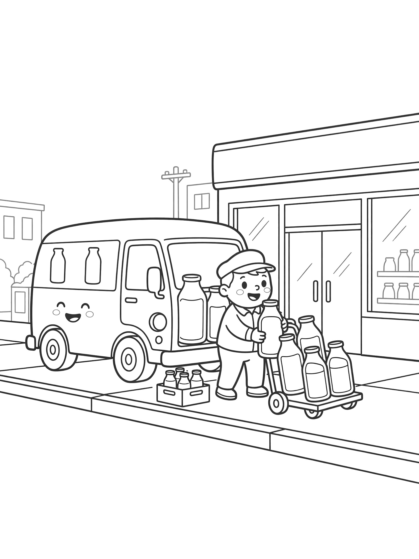 Black and white line art of a smiling milk truck delivering large milk bottles to a store with a milkman using a dolly, coloring page