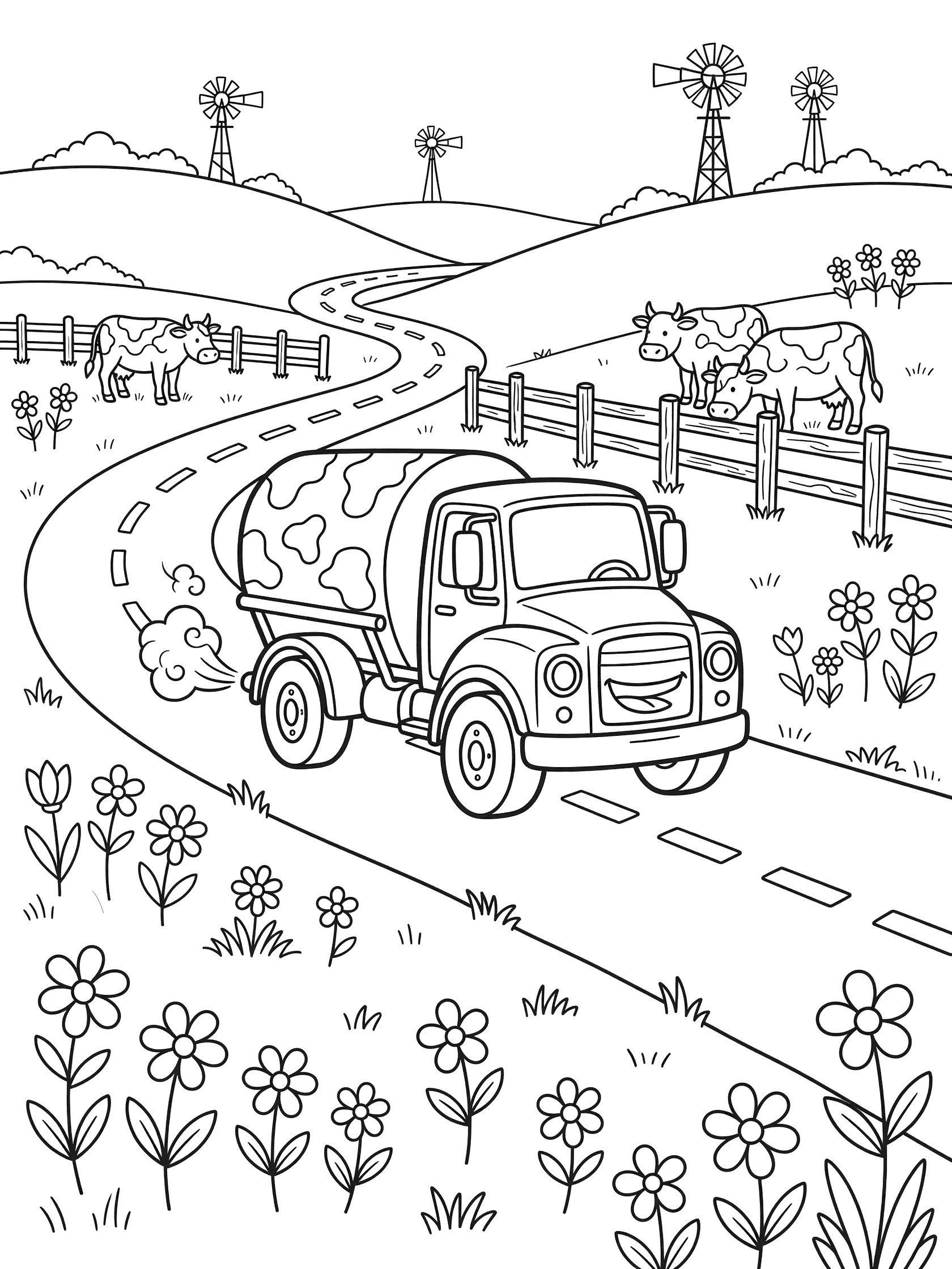 Black-and-white line art coloring page of a milk truck with spotted tanks on a curving country road, surrounded by grazing cows, split-rail fence, rolling hills, wildflowers, and farm windmills.