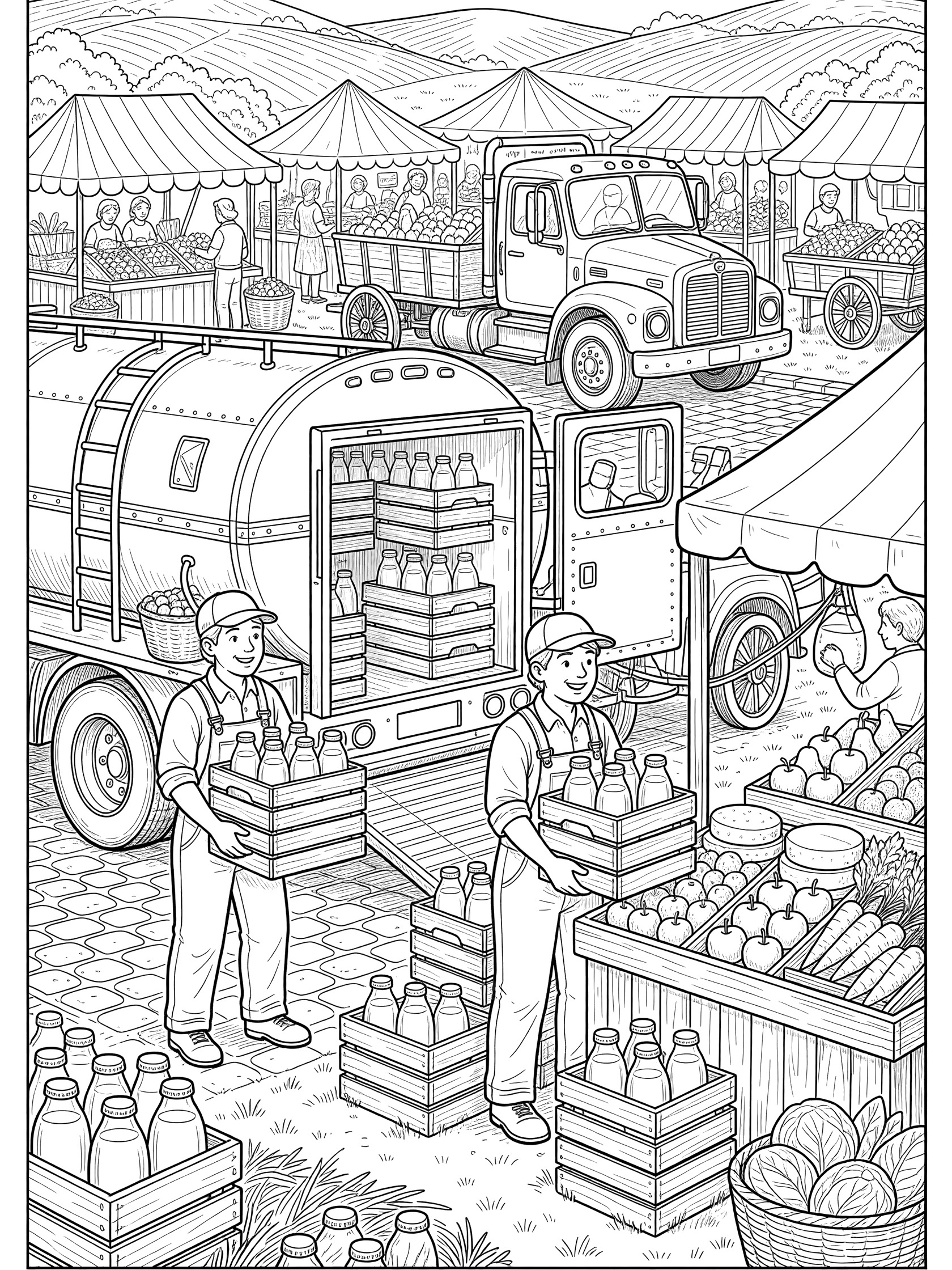 Detailed line art coloring page showing a milk truck parked at a market, with two workers in overalls carrying wooden crates full of glass milk bottles to a stall with fruits and vegetables.