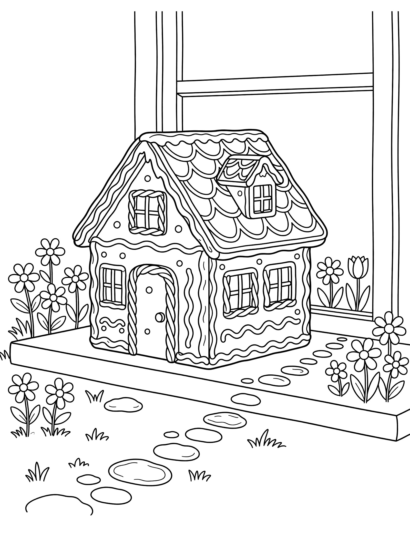 Black and white line art of a tiny gingerbread cookie house with cookie roof and walls, candy windows, licorice door, on a windowsill with flowers and stone path outside