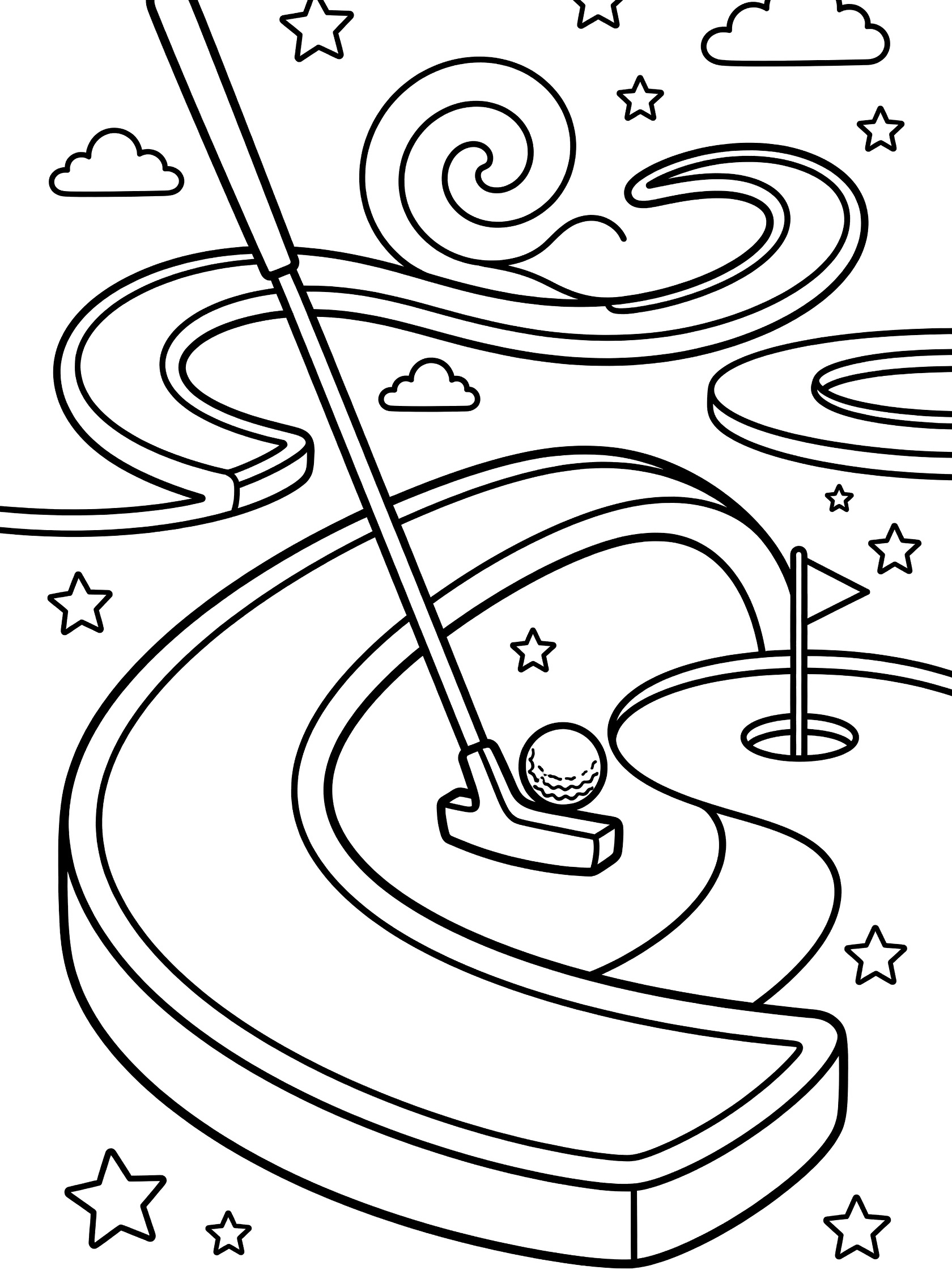 Line art coloring page showing a golf putter striking a ball up a playful curved ramp toward the mini golf hole, with stars and clouds.