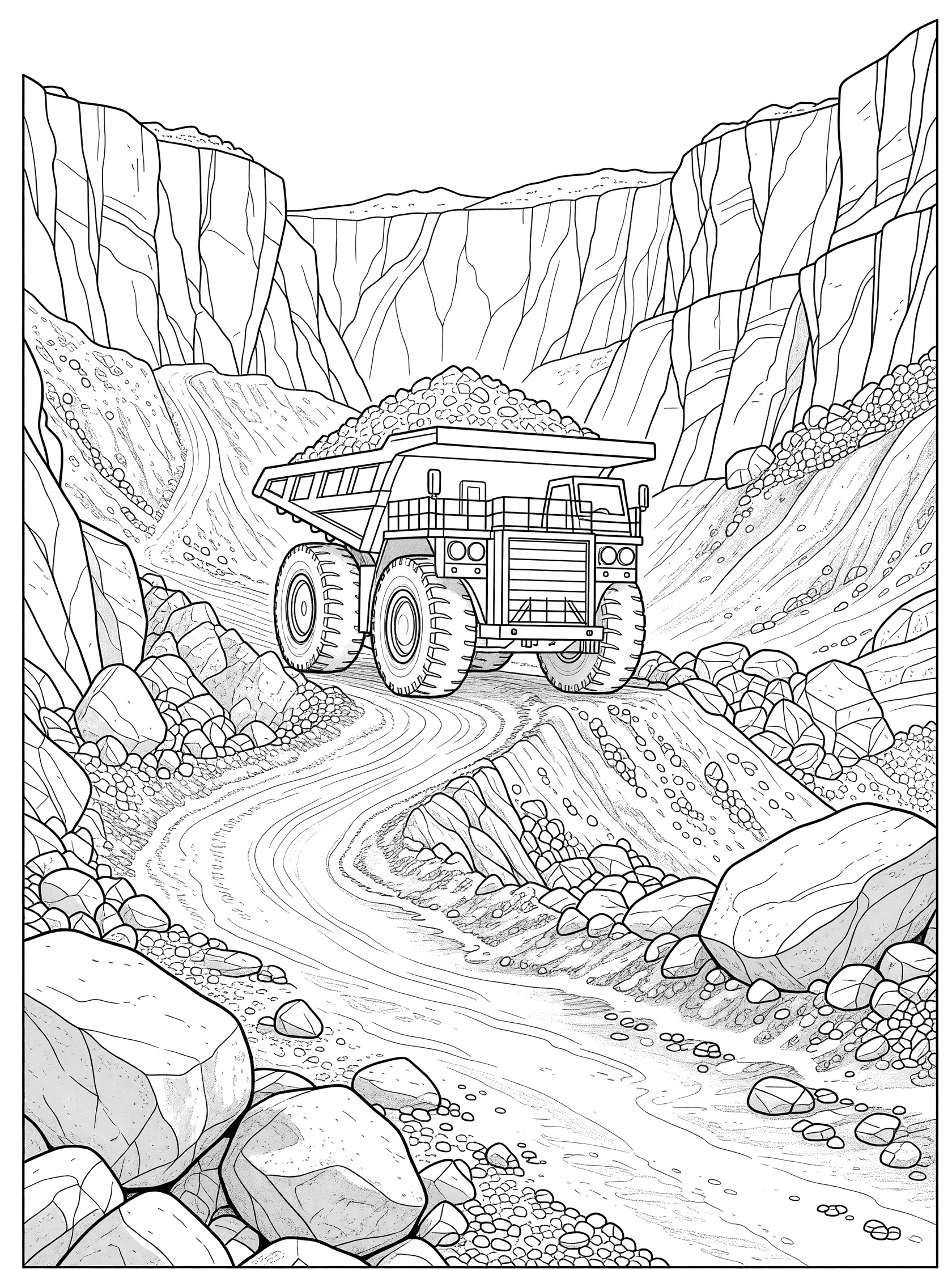 Black-and-white coloring page of a mining haul truck driving up a winding rocky road in a quarry, with huge tires, loaded dump bed full of ore, steep cliffs, and scattered boulders.