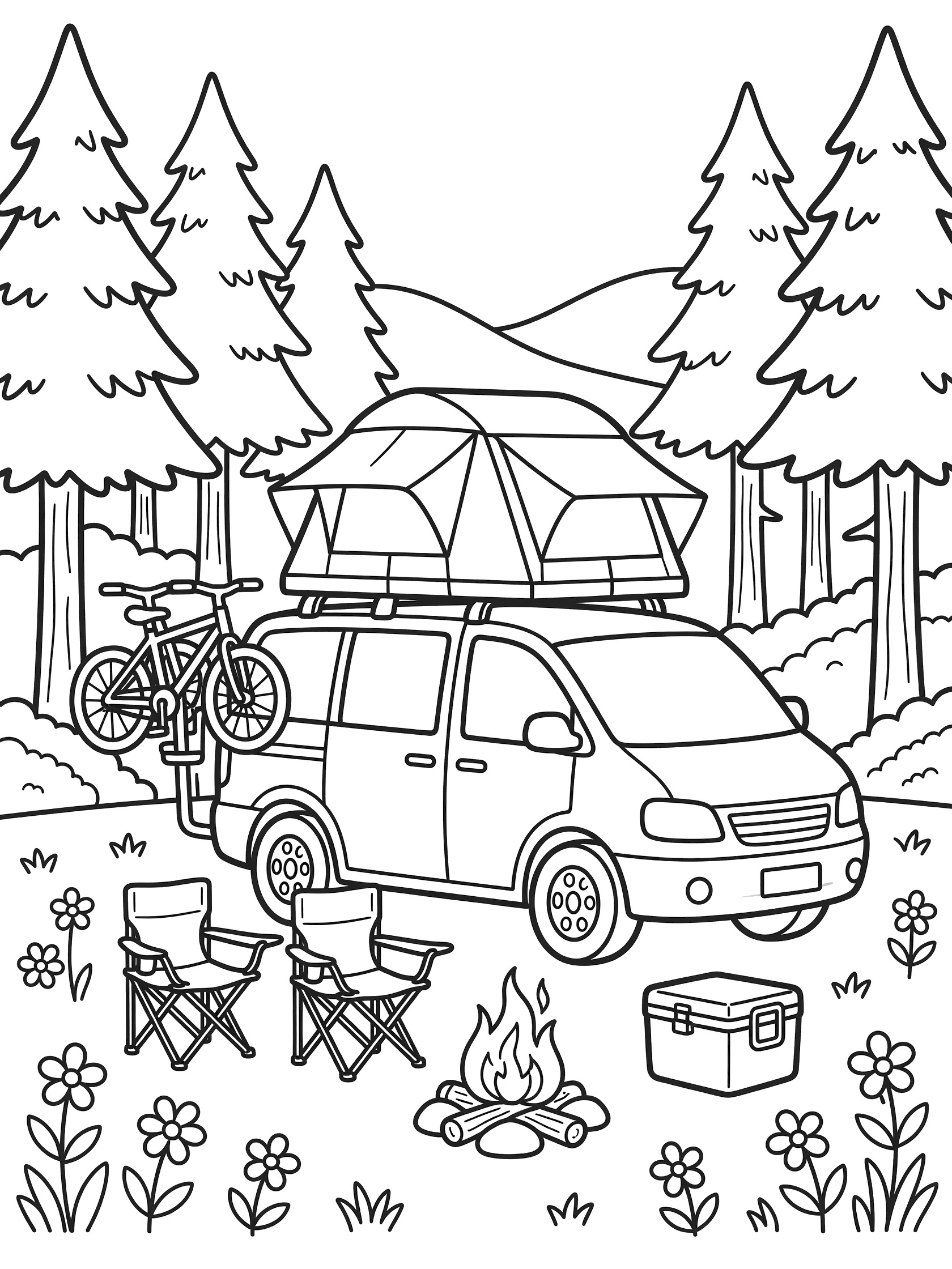 Line art coloring page showing a minivan parked at a forest campsite with rooftop tent, bicycles on hitch, chairs, cooler, campfire, tall pine trees, wildflowers and hills.