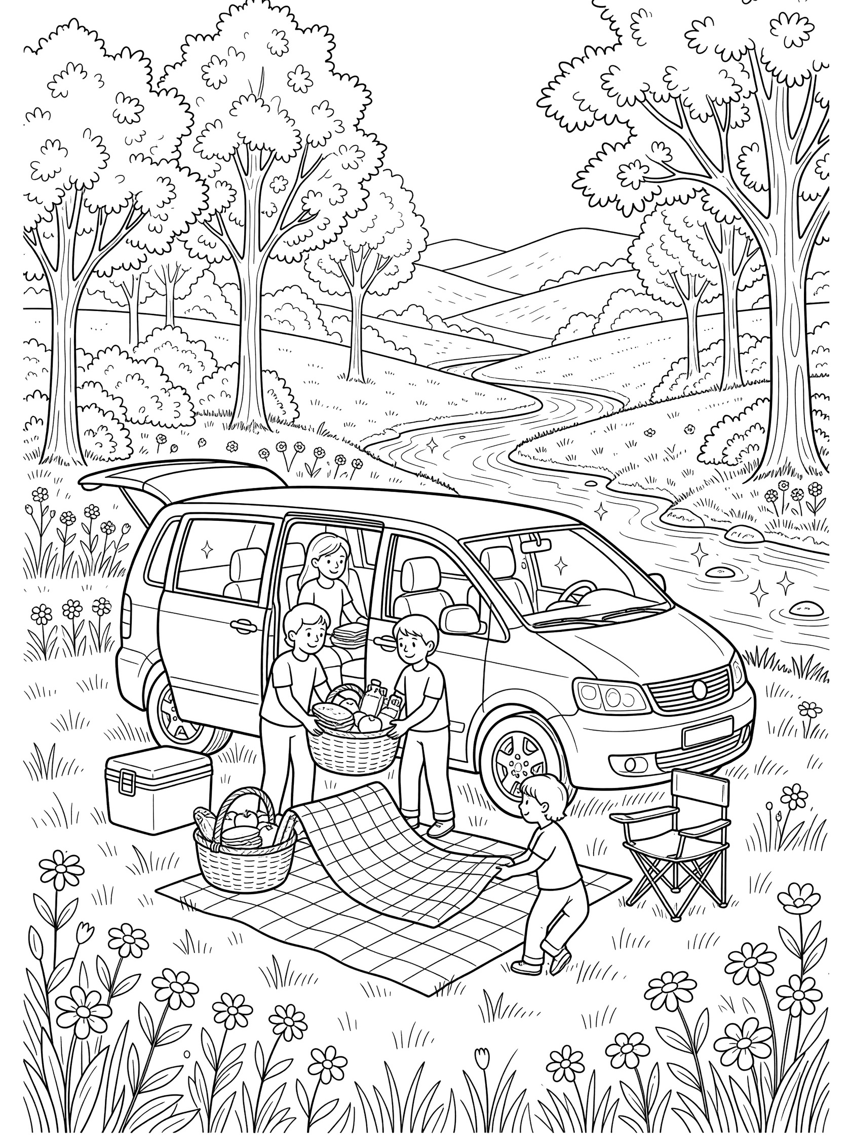 Line art coloring page showing a minivan with open door, family unloading picnic baskets, checkered blanket, cooler, chairs, wildflowers, stream, trees and hills.