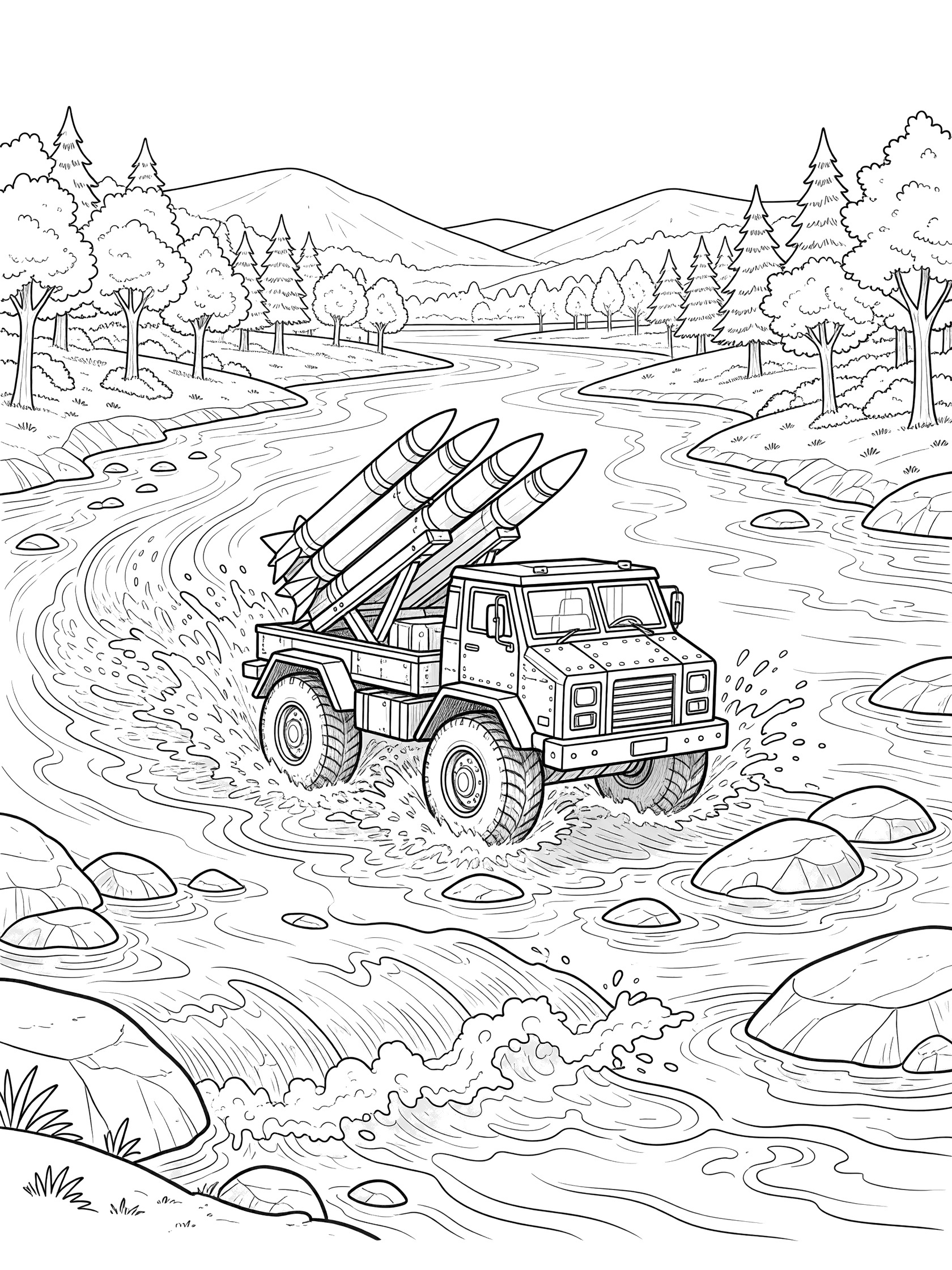 Line art coloring page showing a rugged missile launcher vehicle driving through a rushing river, with tall missiles, water splashes, large rocks, forested banks and distant hills.