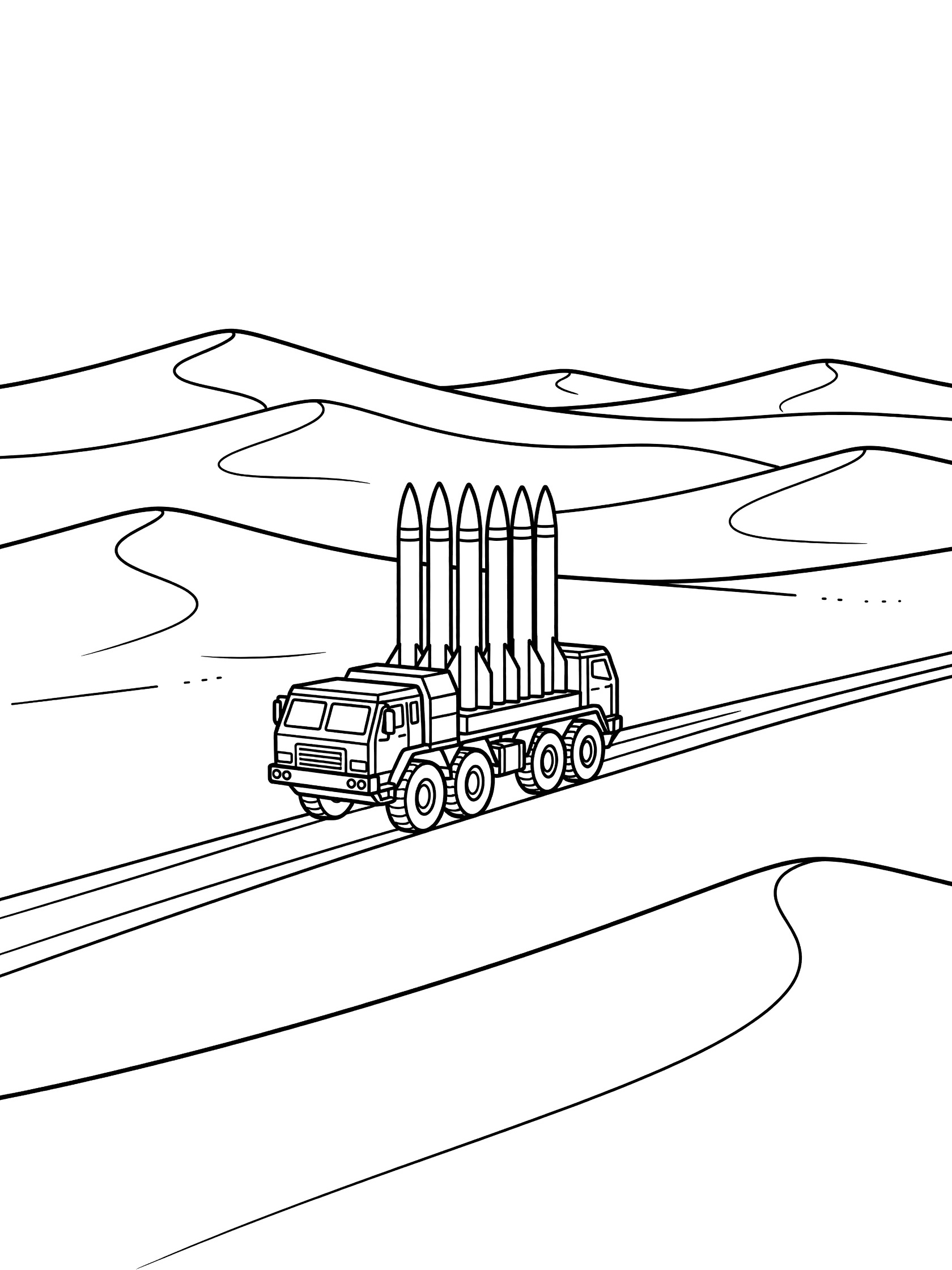 Black and white line art coloring page showing a sturdy truck carrying upright cylindrical missiles across wavy sandy desert dunes with rolling hills.