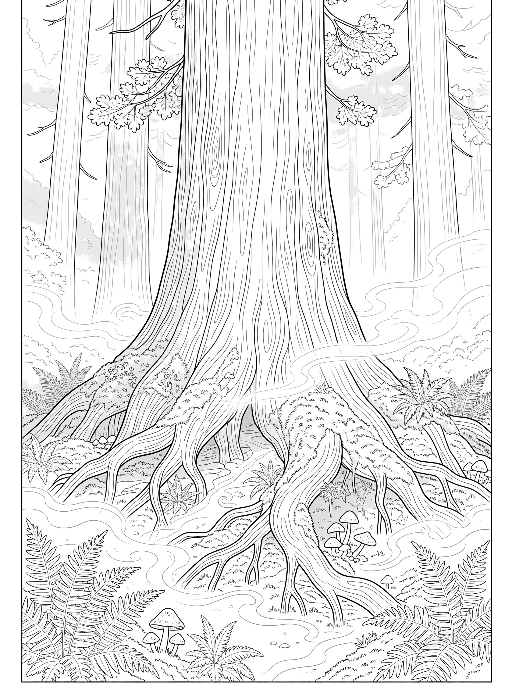 Black and white coloring page of a tall central redwood tree trunk with thick exposed roots, surrounded by ferns, mushrooms, smaller trees, and swirling mist in a forest base scene.